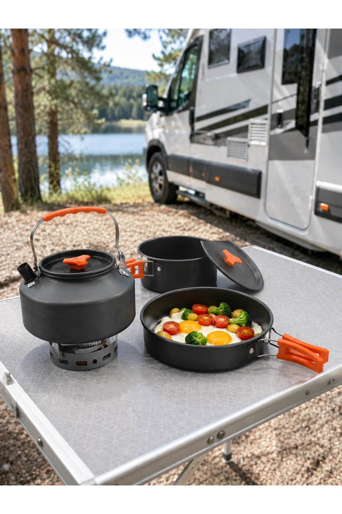 Kompakt Kamp Yemek Seti Alüminyum Tencere Tava Çaydanlık Taşıma Fileli Outdoor Set - Just Cheap Store Görsel 2