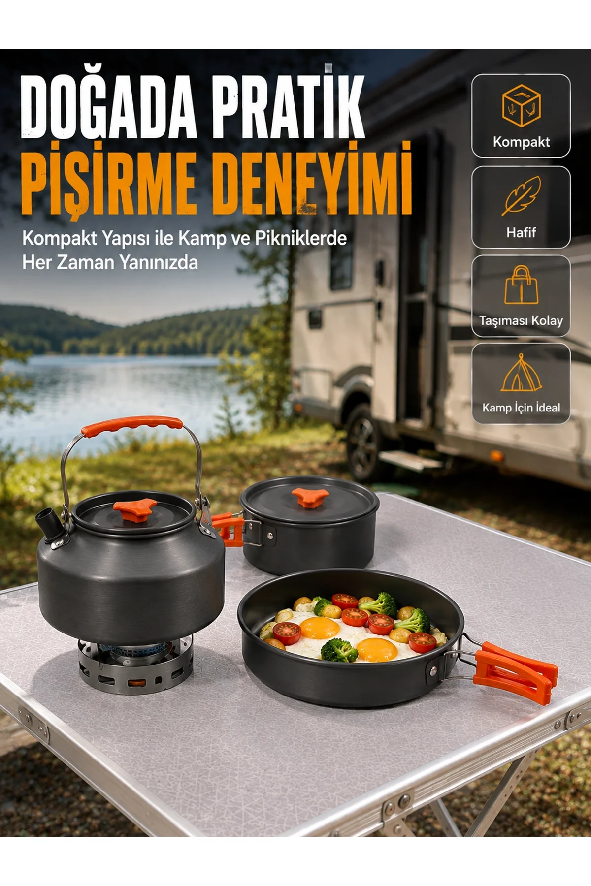 Alüminyum Kamp Pişirme Seti Katlanabilir Kulplu Çaydanlık Tencere Tava Outdoor Yemek Seti