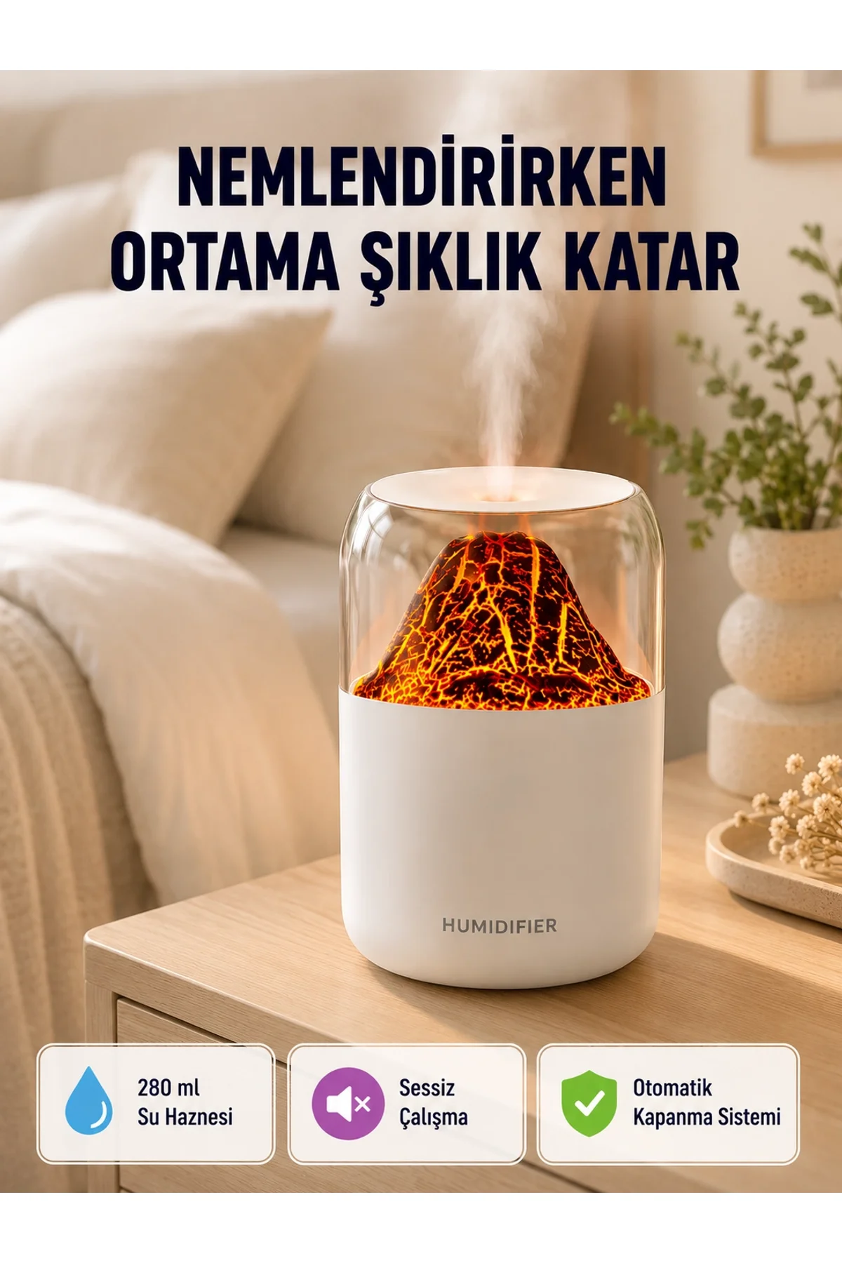Alev Efektli Ultrasonik Uçucu Yağ Difüzörü 280ml Su Tanklı Ve Sessiz Çalışma Özellikli