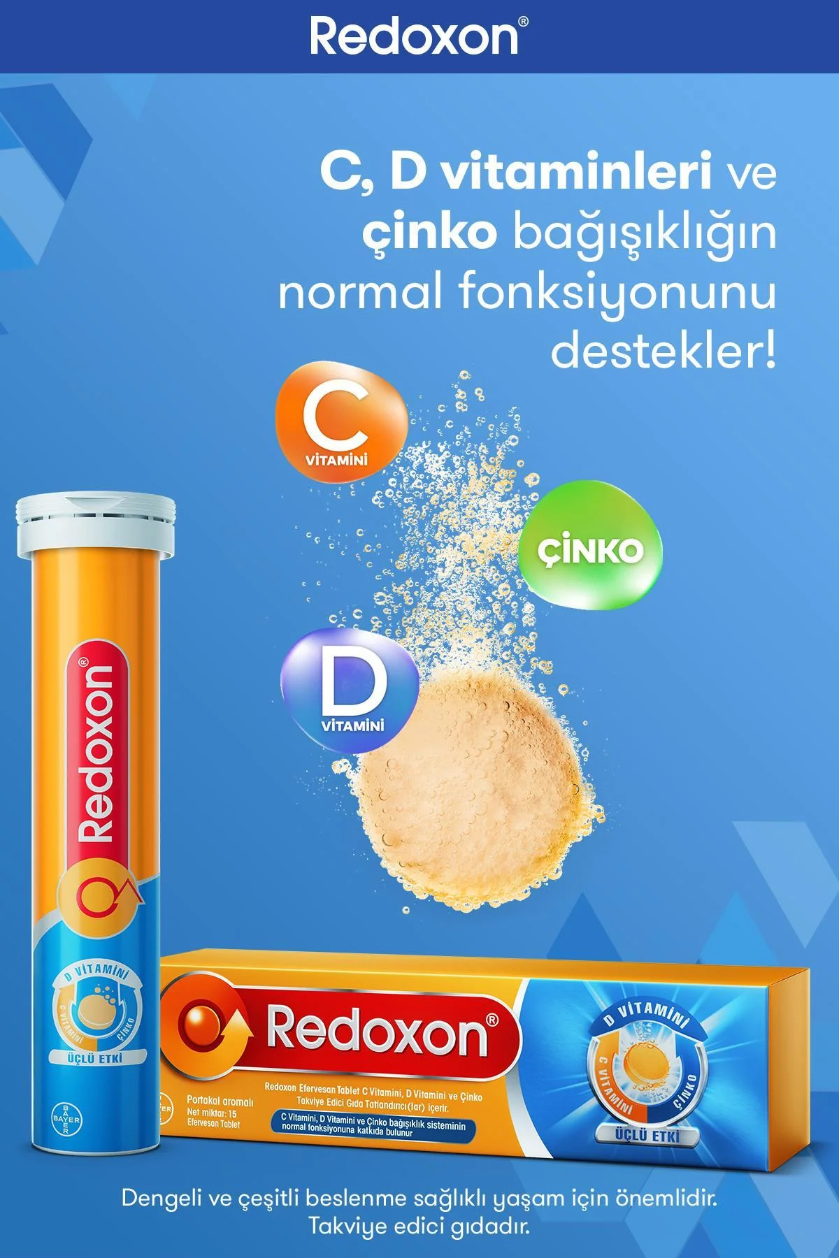 Üçlü Etki 15 Efervesan Tablet I 1000 mg C Vitamini, D Vitamini ve Çinko İçeren Takviye Edici - Redoxon Görsel 3