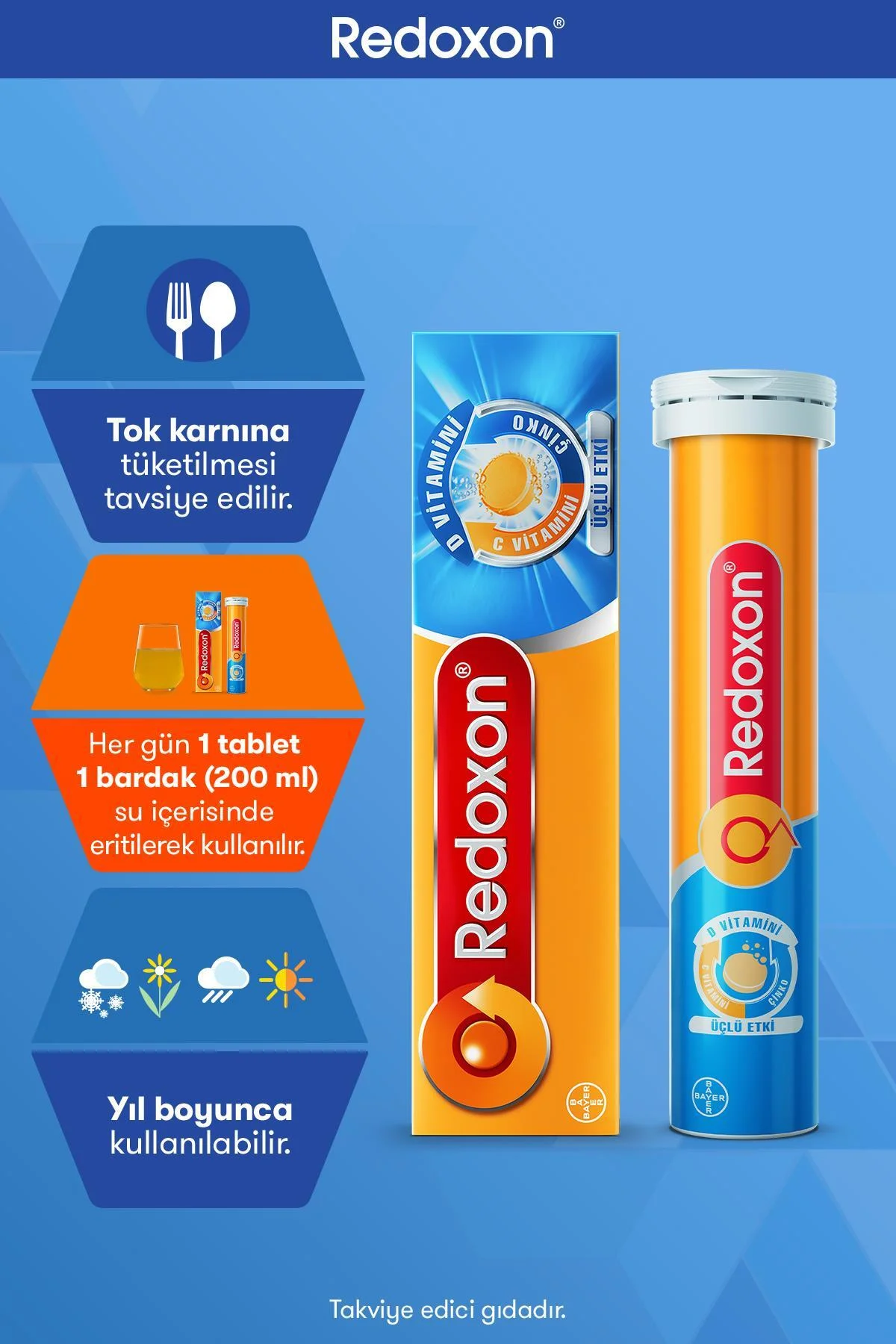 Üçlü Etki 15 Efervesan Tablet I 1000 mg C Vitamini, D Vitamini ve Çinko İçeren Takviye Edici - Redoxon Görsel 5