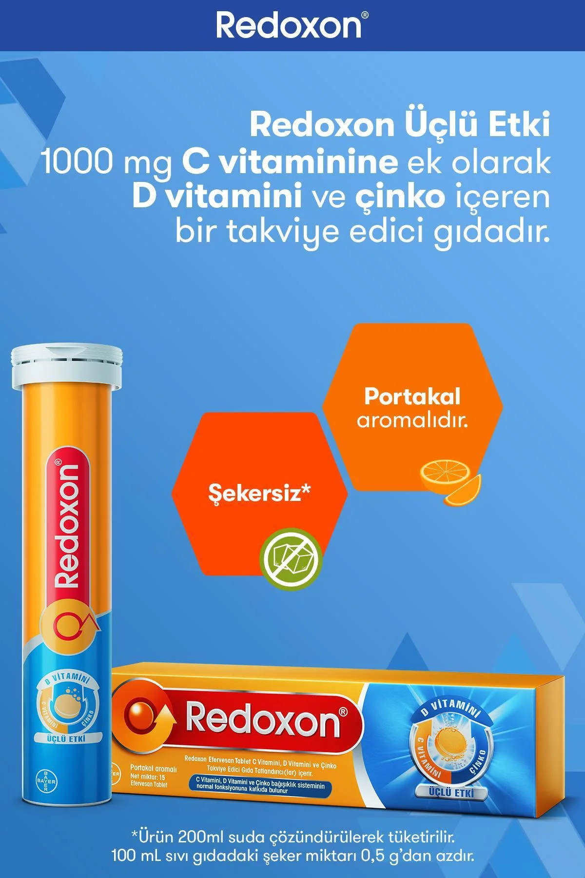 Üçlü Etki 15 Efervesan Tablet I 1000 mg C Vitamini, D Vitamini ve Çinko İçeren Takviye Edici - Redoxon Görsel 2