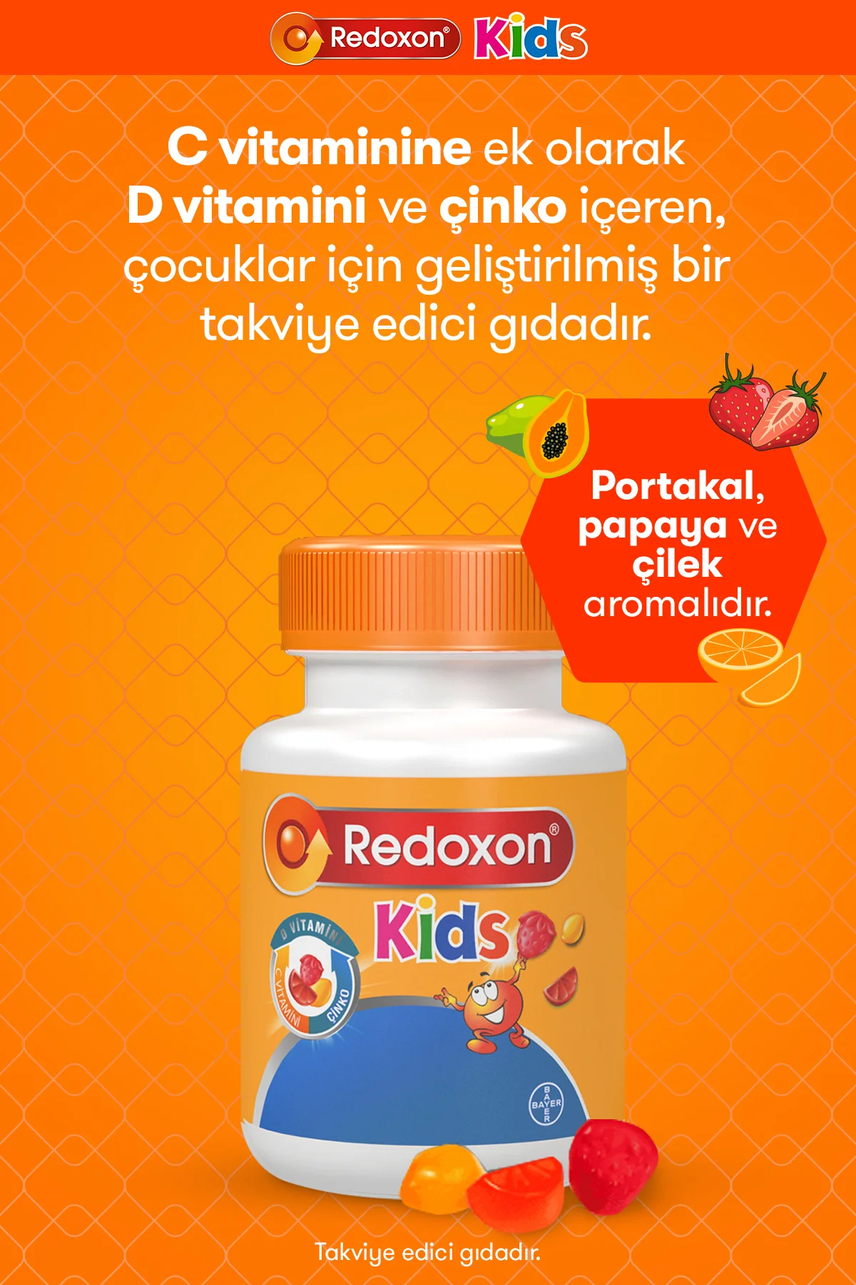Kids Çiğnenebilir C Vitamini, D Vitamini ve Çinko Takviye Edici Gıda 60 adet - Redoxon Görsel 2