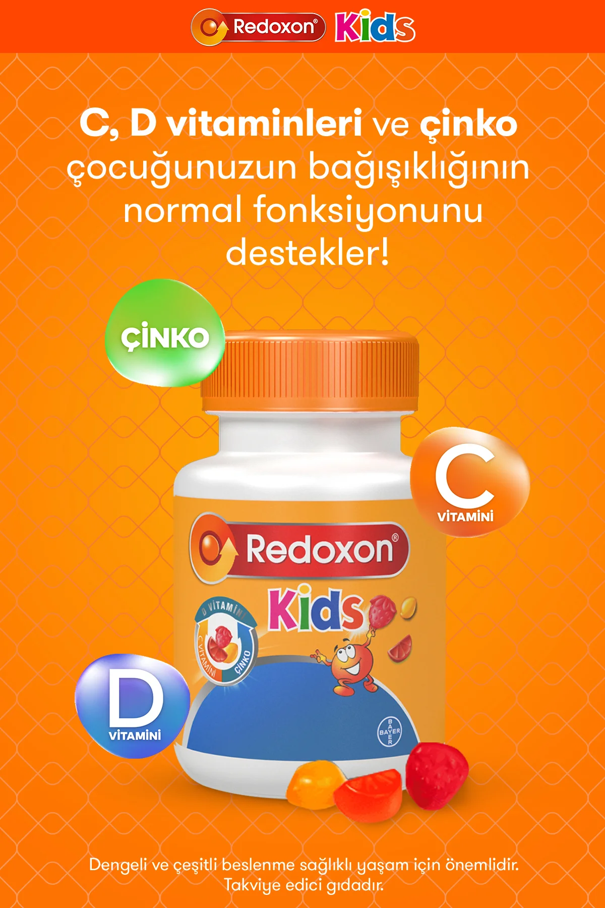 Kids Çiğnenebilir C Vitamini, D Vitamini ve Çinko Takviye Edici Gıda 60 adet - Redoxon Görsel 3