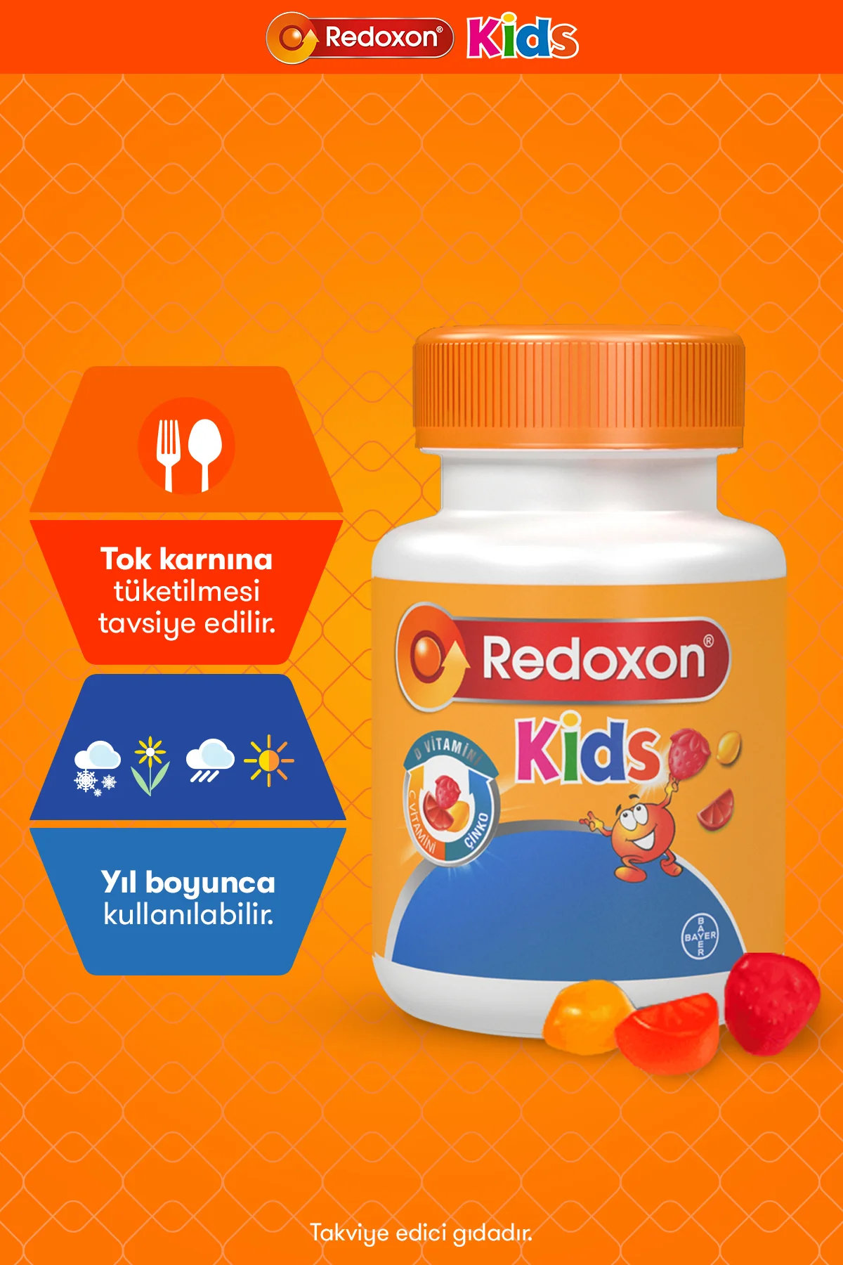 Kids Çiğnenebilir C Vitamini, D Vitamini ve Çinko Takviye Edici Gıda 60 adet - Redoxon Görsel 6