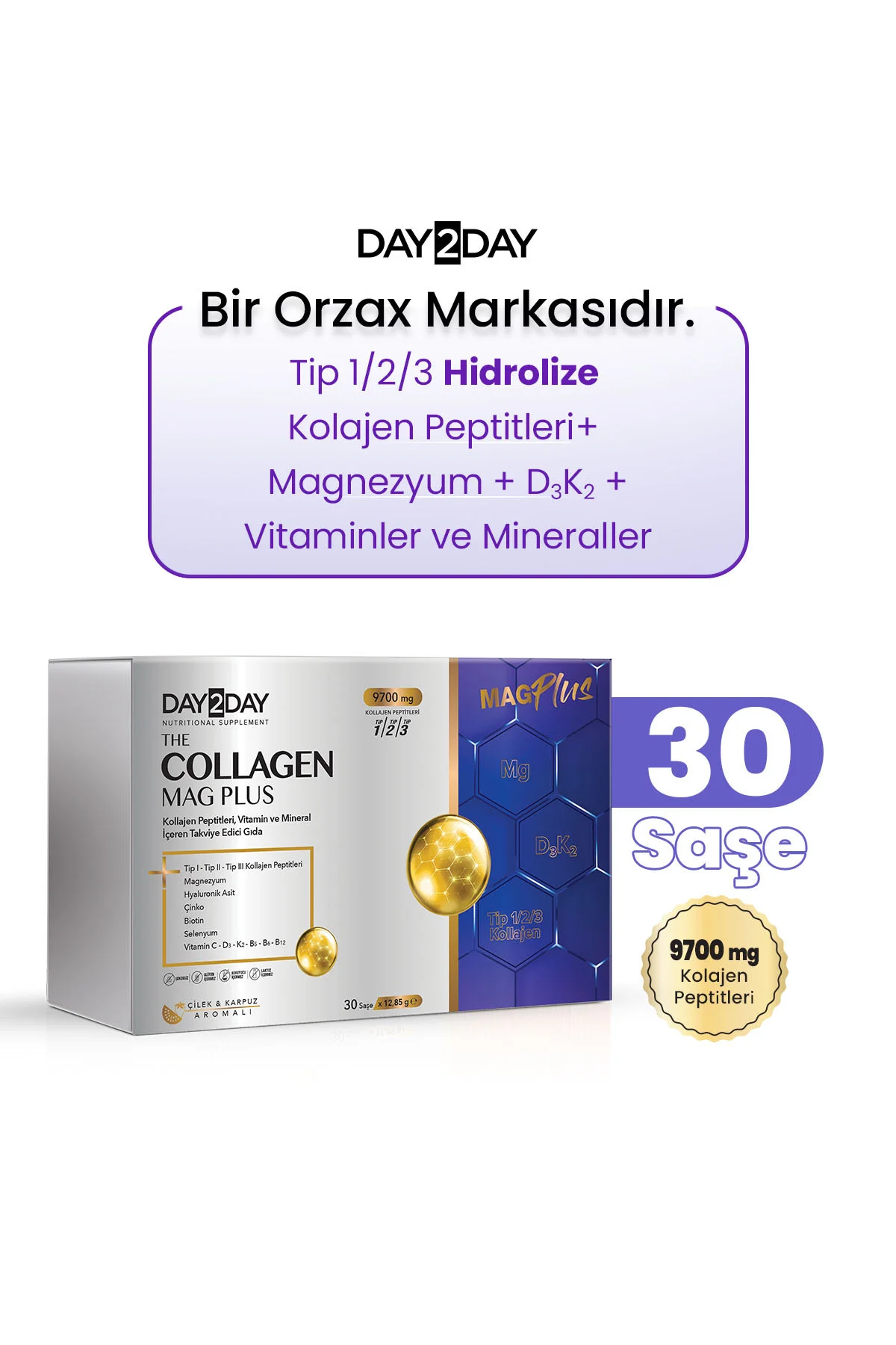 The Collagen Mag Plus Tip 1-2-3 Kolajen-Çilek Karpuz-Magnezyum,HA,C-D3-K2-B5-B6-B12 Vitamin 30Saşe