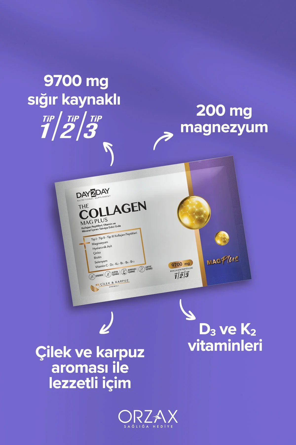 The Collagen Mag Plus Tip 1-2-3 Kolajen-Çilek Karpuz-Magnezyum,HA,C-D3-K2-B5-B6-B12 Vitamin 30Saşe - DAY2DAY Görsel 4