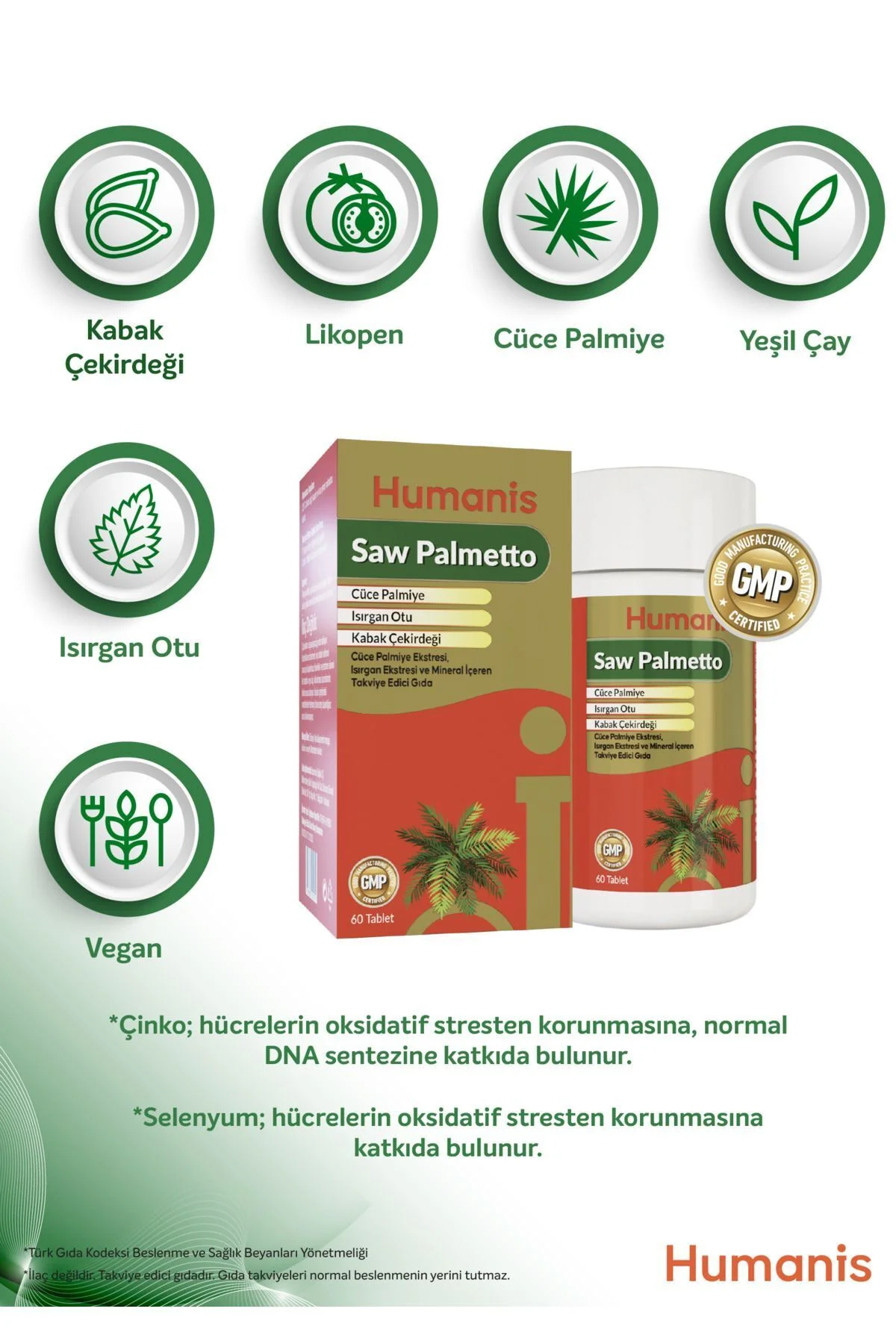 Saw Palmetto Isırgan ve Bitki Ekstreleri İçeren 60 Tablet - Humanis Görsel 3
