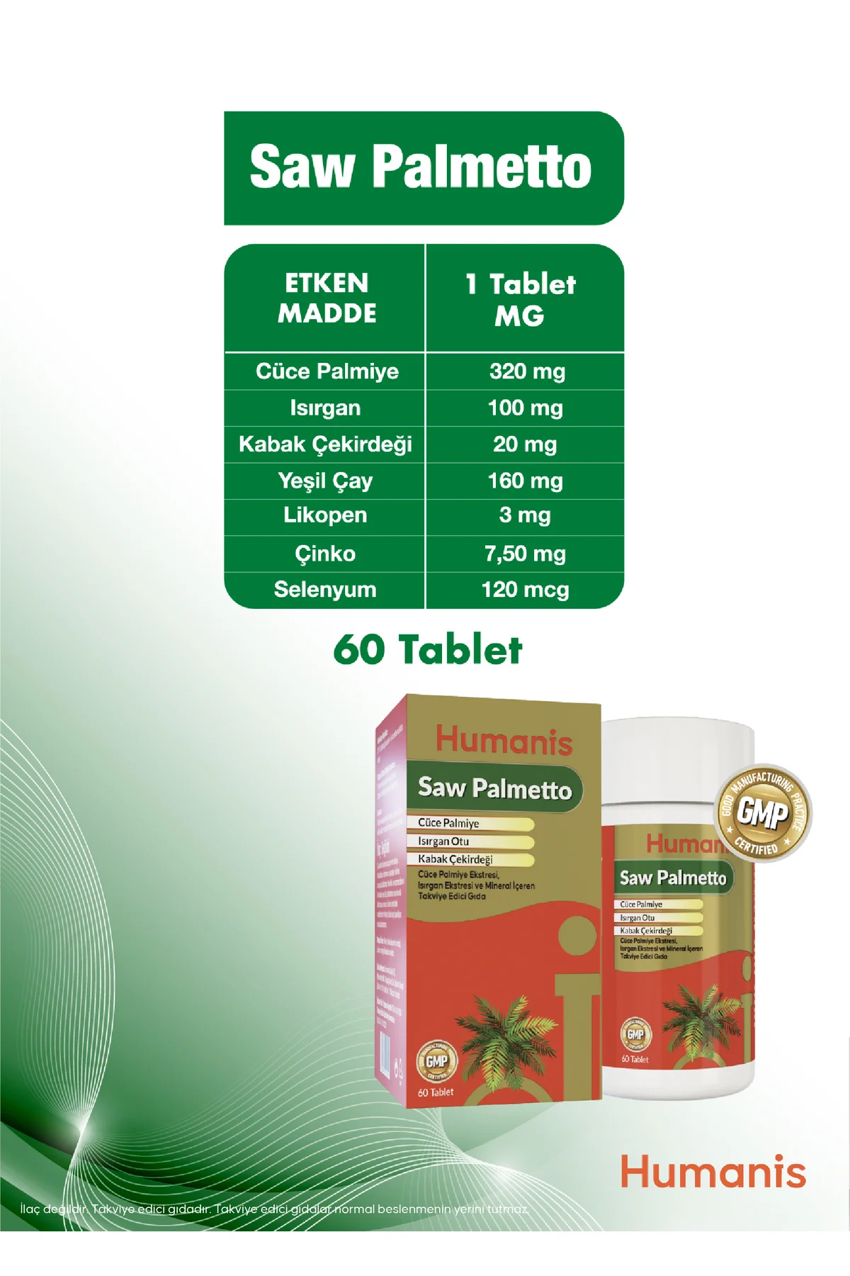Saw Palmetto Isırgan ve Bitki Ekstreleri İçeren 60 Tablet - Humanis Görsel 6