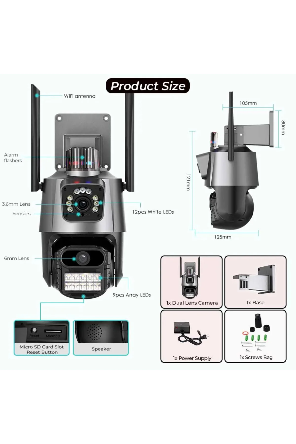 8x Kablosuz 5 mp Wıfı Ptz Kamera İç Dış Mekan Alarmlı 8x Zoom Gece Görüşlü Hd DOME 7 - pazariz Görsel 3