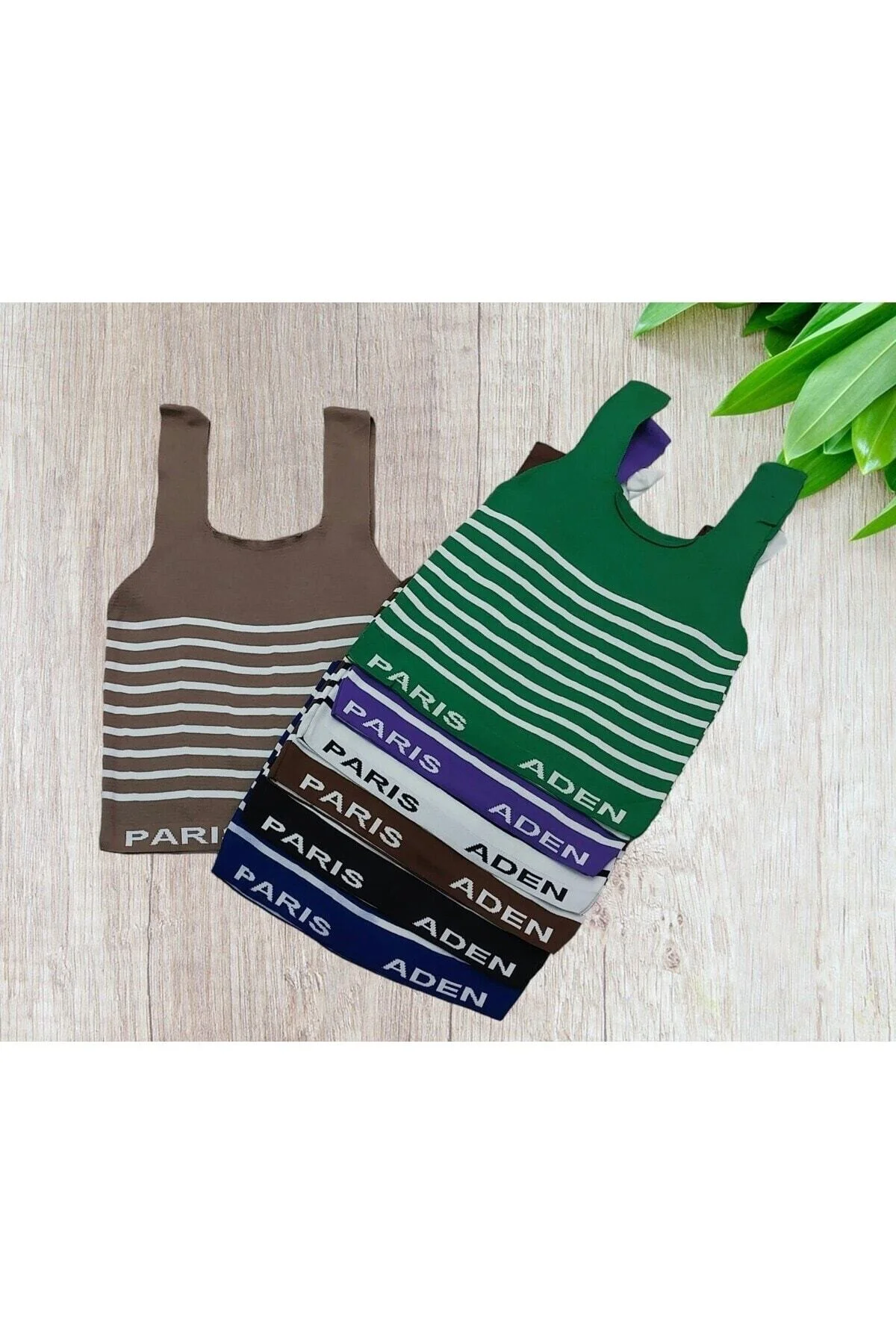 Mavi Beyaz Çizgili Kare Yaka Atlet Triko Bluz Crop S / M / L Beden Uyumlu - PEMBECİN Görsel 2