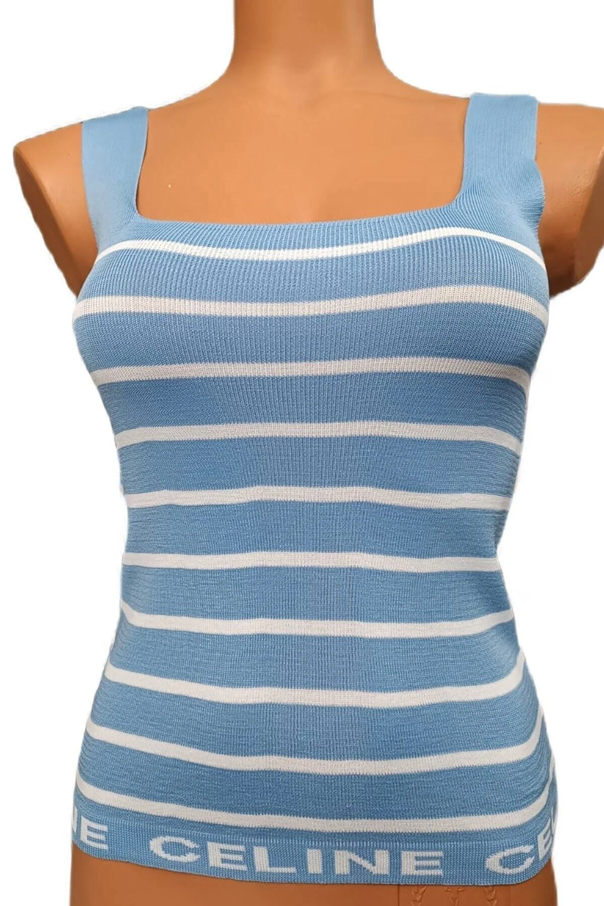 Mavi Beyaz Çizgili Kare Yaka Atlet Triko Bluz Crop S / M / L Beden Uyumlu