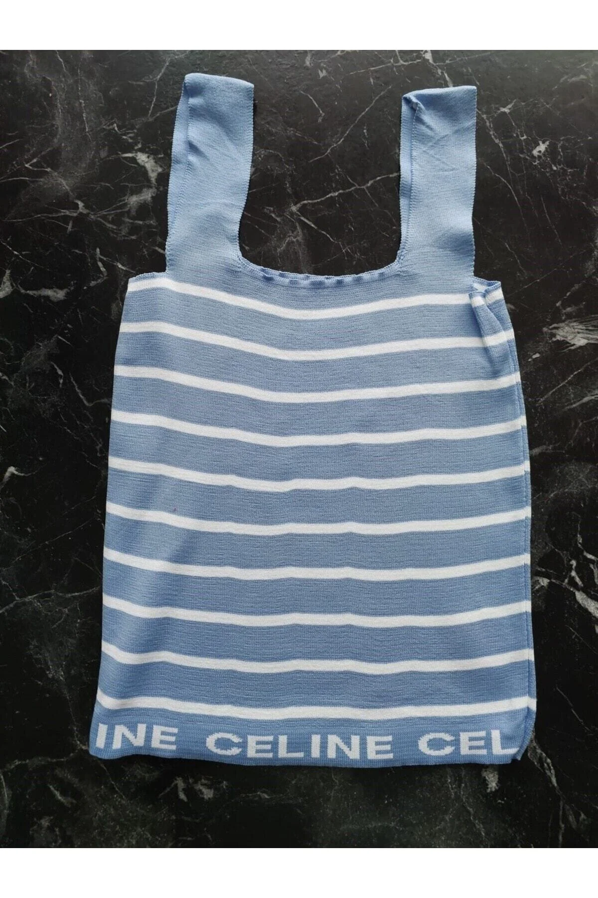 Mavi Beyaz Çizgili Kare Yaka Atlet Triko Bluz Crop S / M / L Beden Uyumlu - PEMBECİN Görsel 3