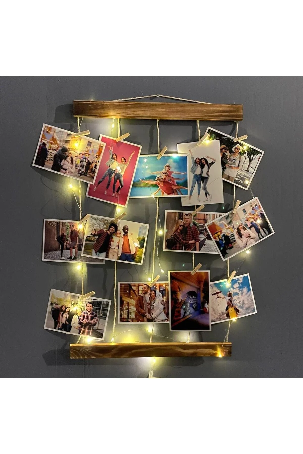 Ahşap Fotoğraf Çerçevesi Led Işıklı Ipli Mandallı Resim Askısı