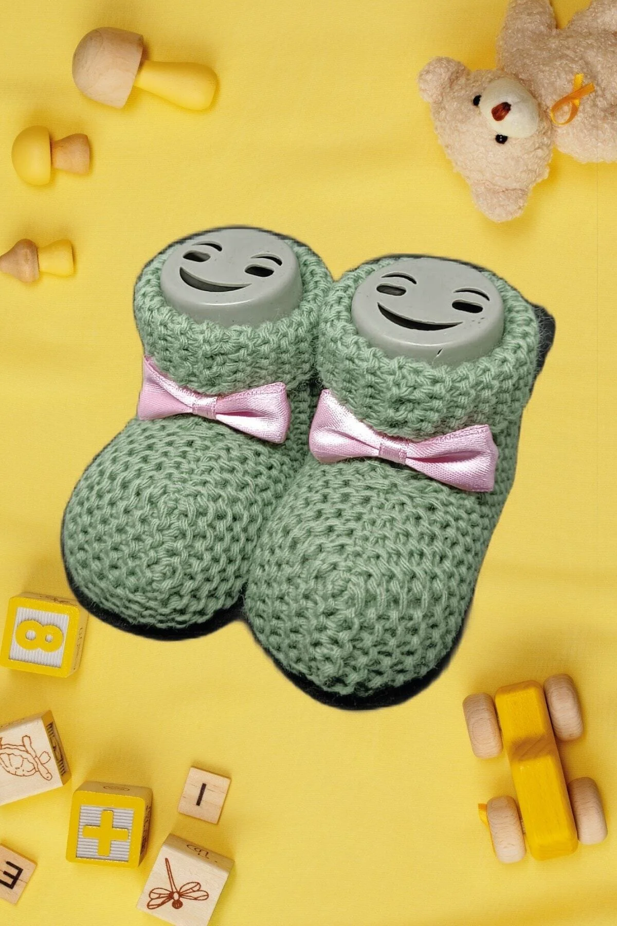 Bebek Patik, Fiyonklu Örme Dikişsiz Bebek Patiği, Triko Örgü Bebek Patiği 0-12 Ay Açık Yeşil - pazariz Görsel 2