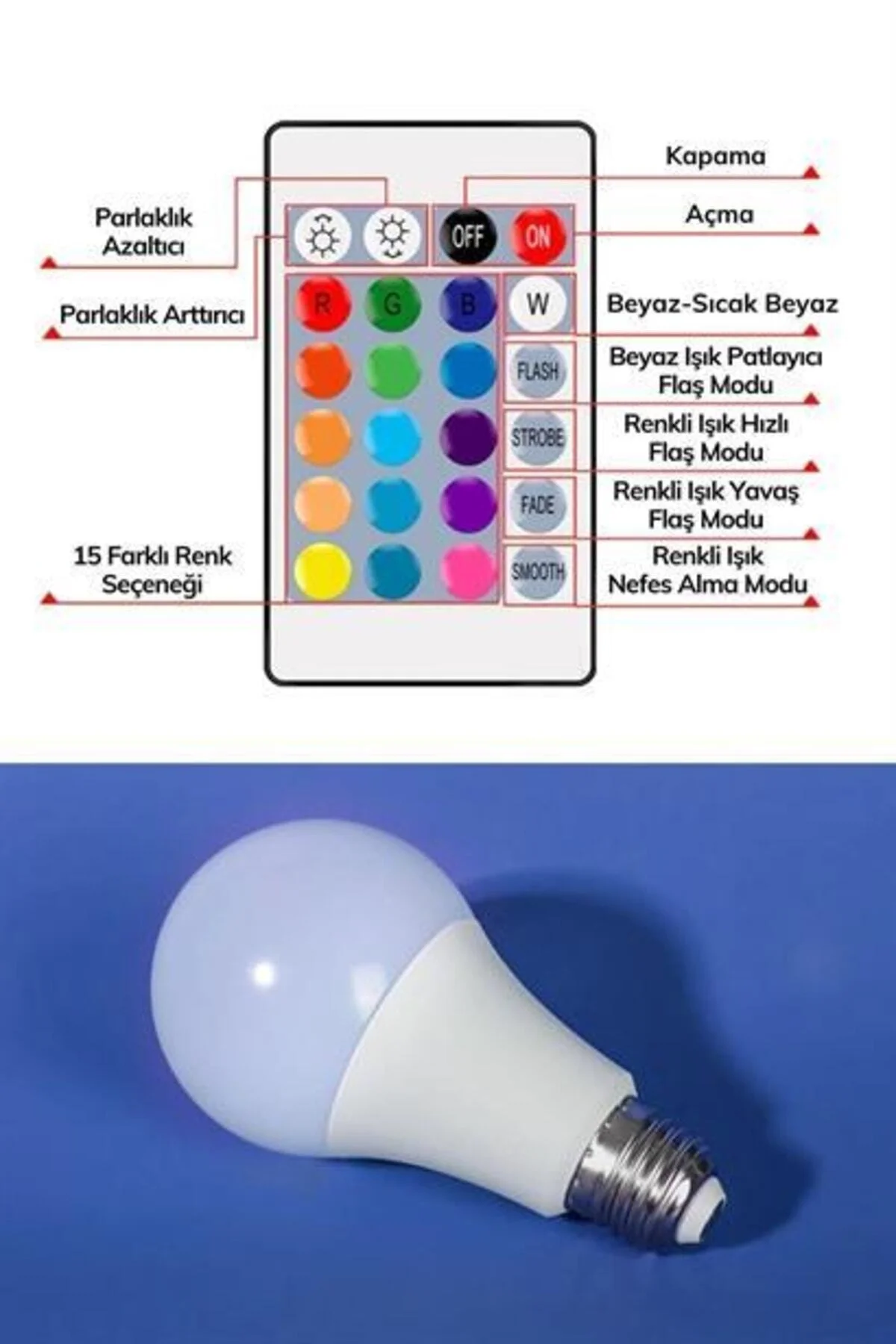 Buffer® 9w Uzaktan Kumandalı 15 Farklı Renk Seçenekli Led Ampul - HomeCare Görsel 7