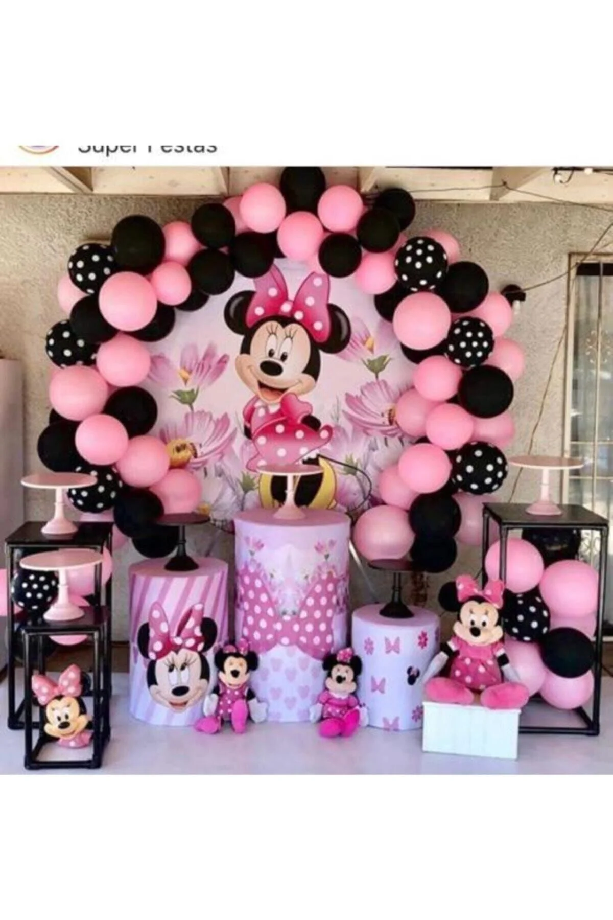 ® Pembe Siyah Pantiyeli Balon Minnie Mouse Konsept Balon Zincir