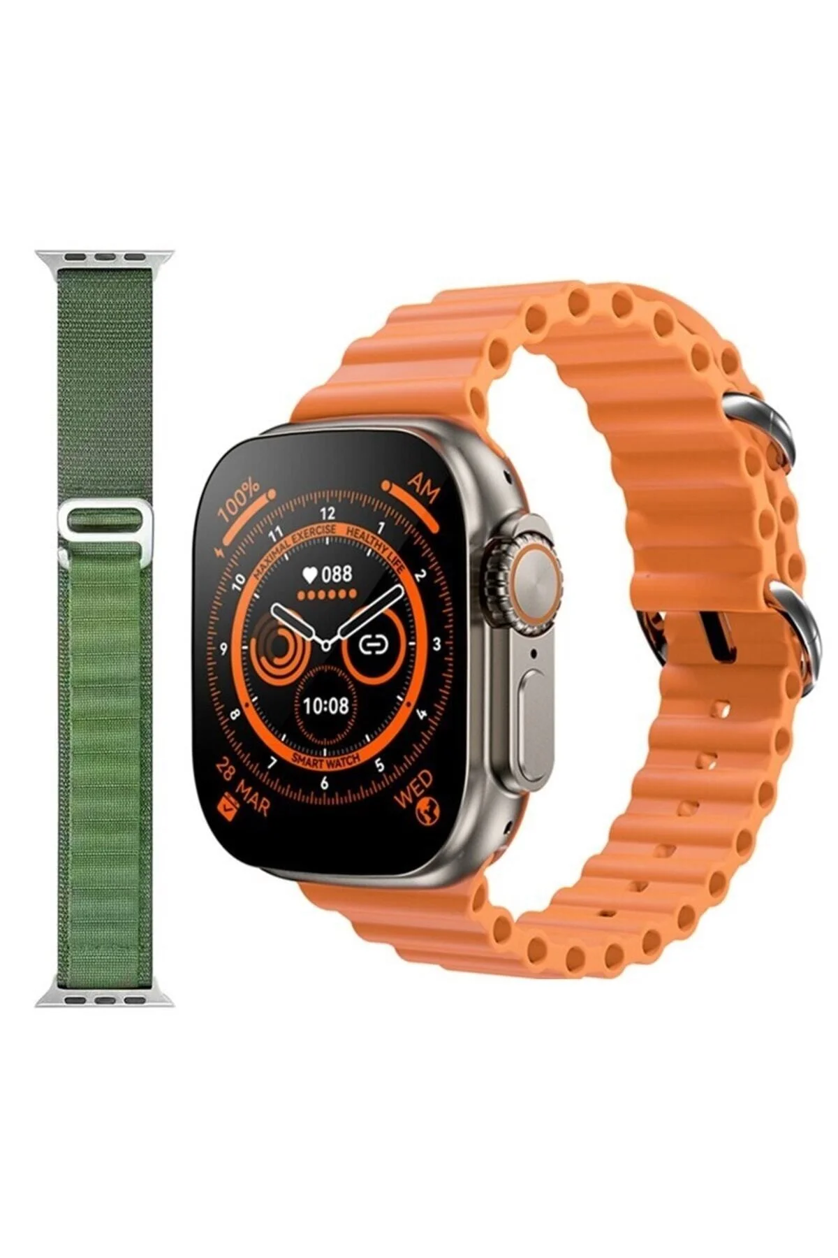 Gs8 Watch 8 Ultra Akıllı Saat Turuncu Türkçe Watch 2.02 Inc Yeşil Bez Kordon Hediye