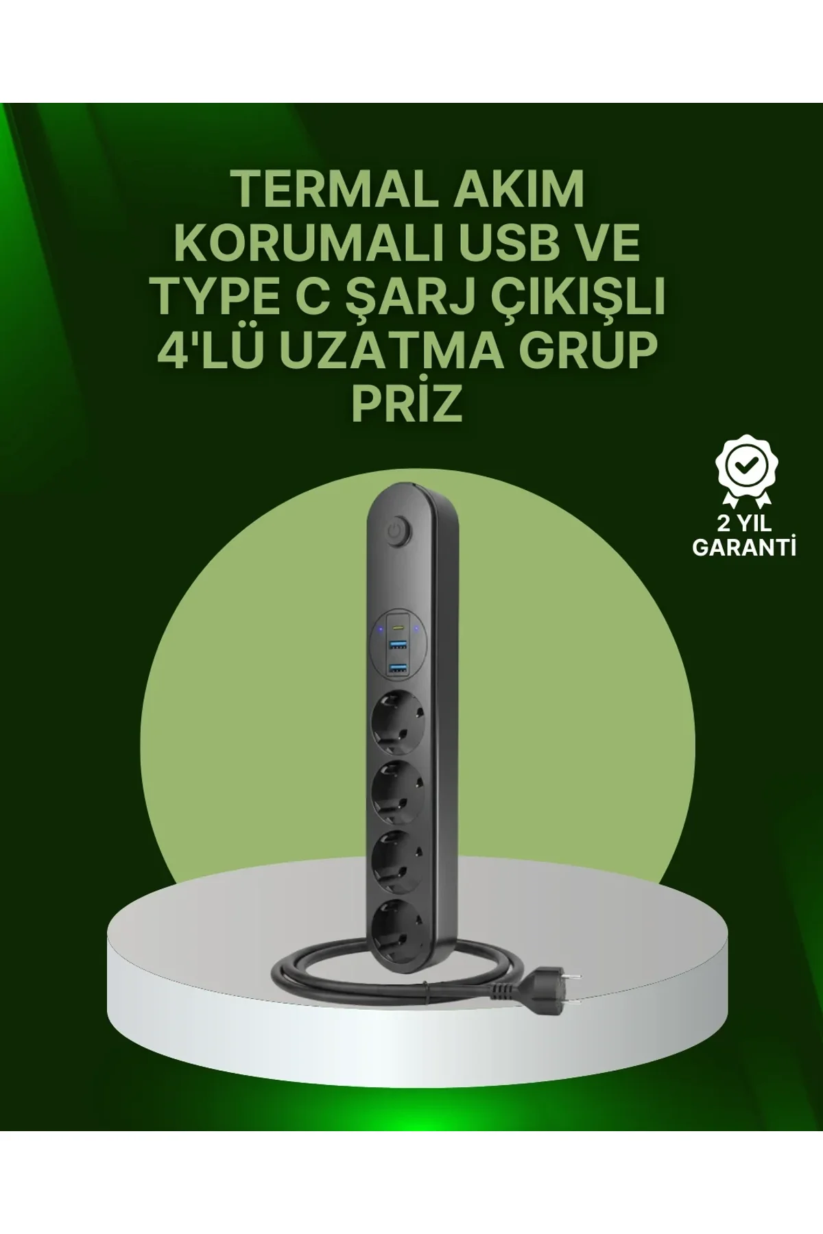 4 Priz 2 Usb 1 Type-c Akım Korumalı Çoklu Priz Led Anahtarlı