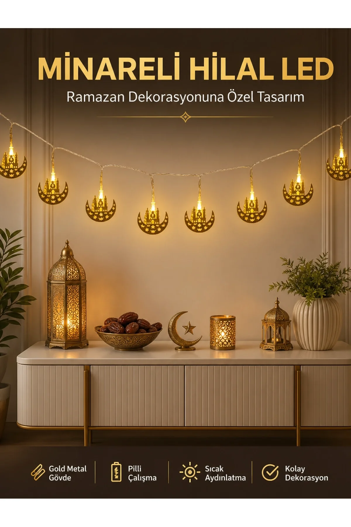 Dekoratif Minareli Hilal Led Işık Metal Gövdeli Ramazan Aydınlatma