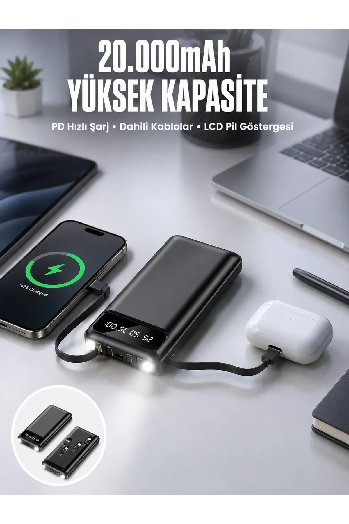 Powerbank 20.000 Mah Dijital Göstergeli Lcd Ekran Uzun Pil Ömrü Yeni Nesil