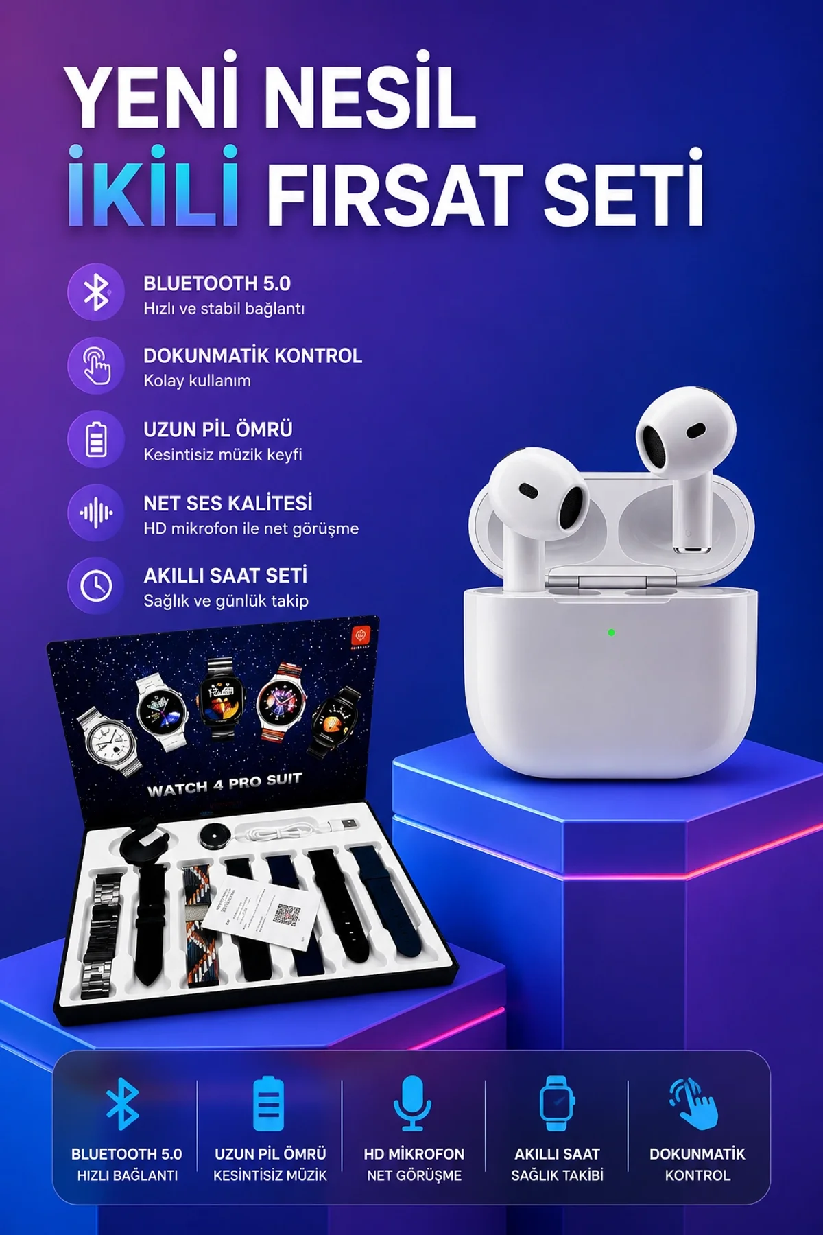 3.nesil Tws Bluetooth Kulaklık Bluetooth Bağlantılı Akıllı Saat Amoled Ekran Plastik Hasır Kordon