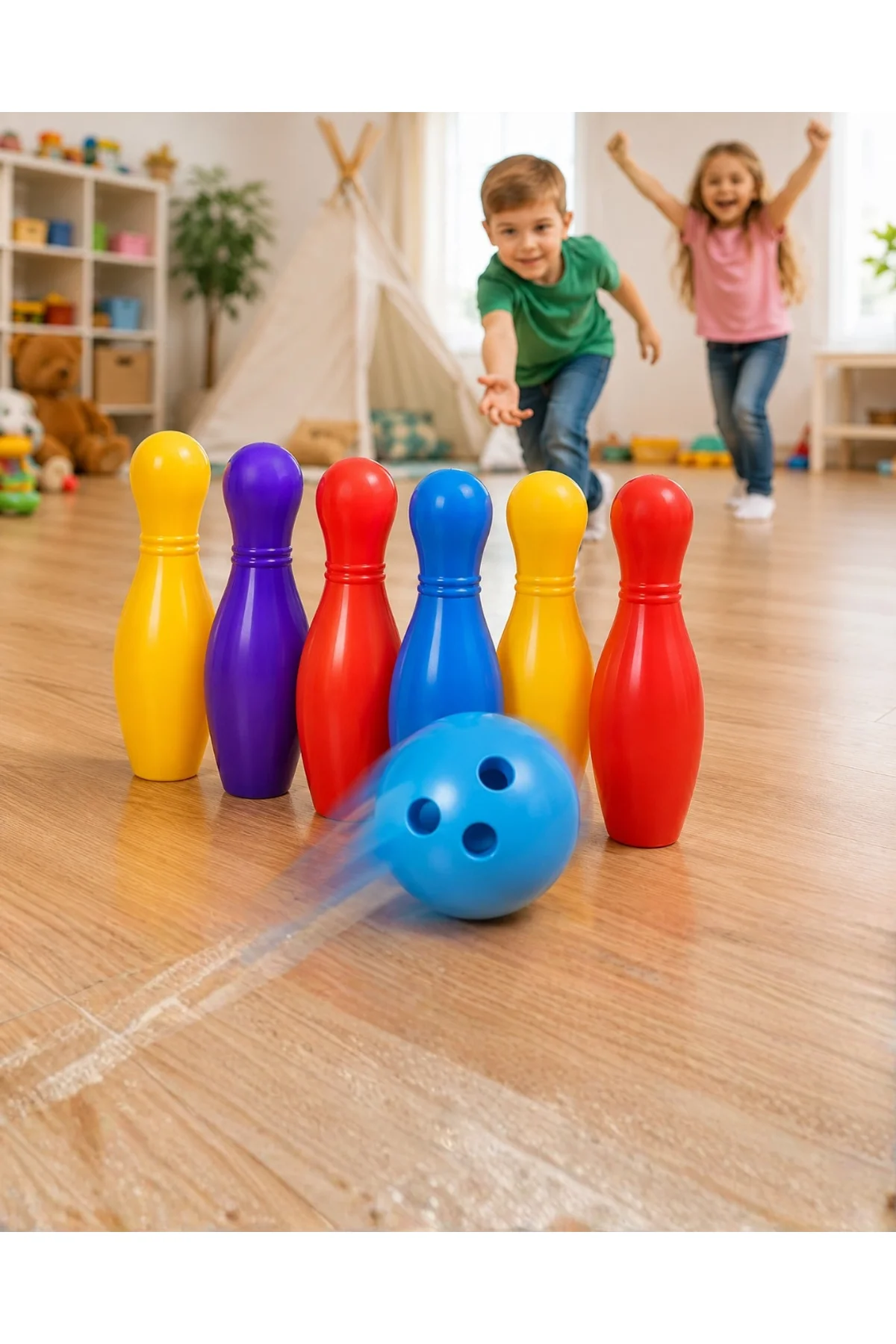 Çocuk Bowling Seti Renkli Top Ve 6 Kuka İçeren Eğitici Oyun
