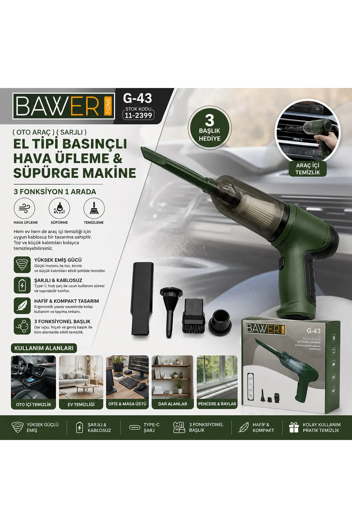 OTO ARAÇ SARJLI EL TİPİ BASINÇLI HAVA ÜFLEME - SÜPÜRGE MAKİNE 3 BAŞLIK G-43 (4741) - Just Cheap Store Görsel 2