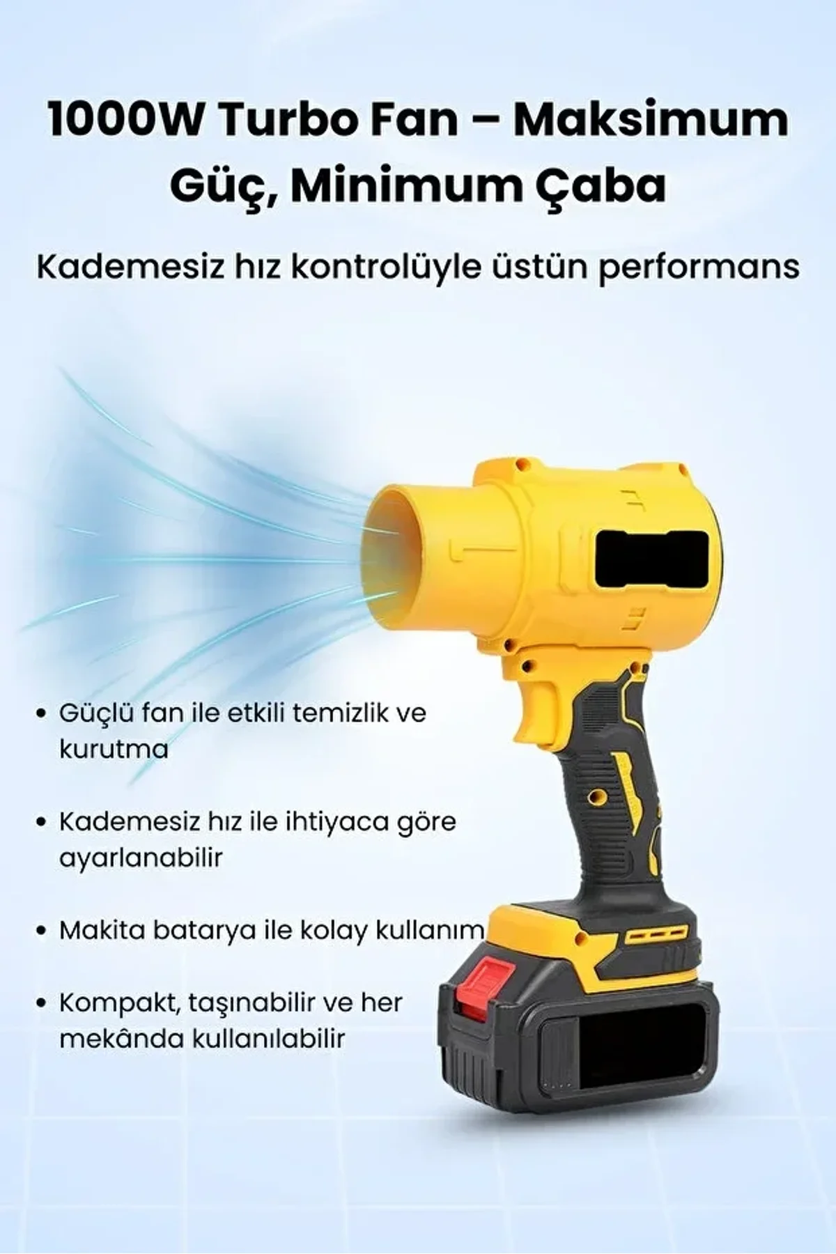 21V Kablosuz Hava Üfleyici | 32.000RPM Turbo Fan, 12.000mAh Batarya, Bahçe &amp;amp; Araç Kurutma