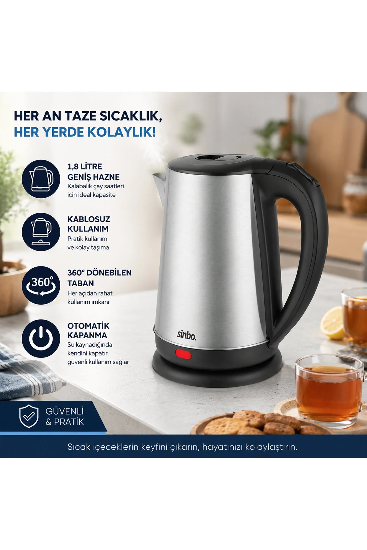 ÇELİK KETTLE SU ISITICISI KABLOSUZ KULLANIM 1.8LT 360 DERECE DÖNEBİLME OTOMATİK KAPANMA SK-8026 (474 - Just Cheap Store Görsel 2