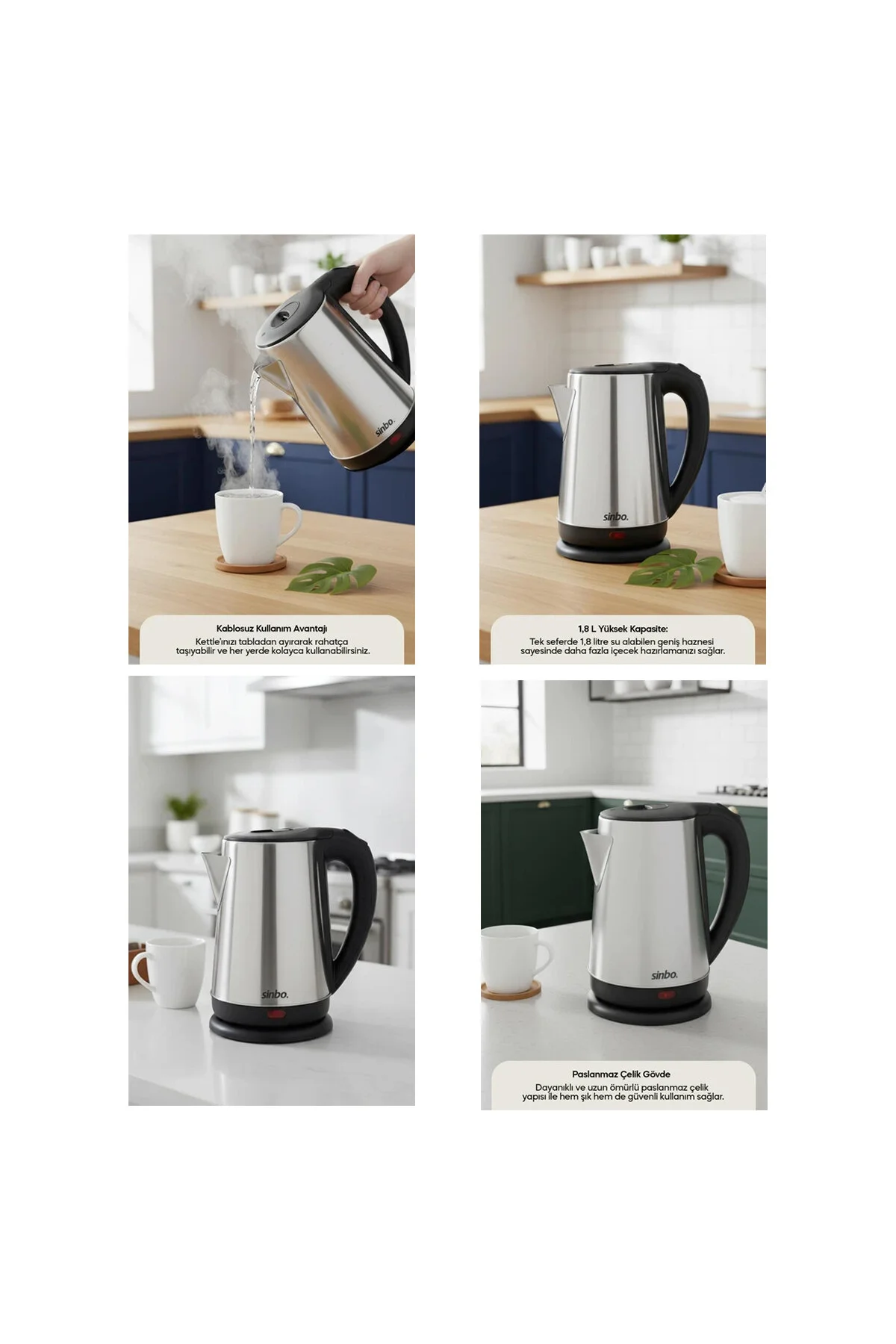 ÇELİK KETTLE SU ISITICISI KABLOSUZ KULLANIM 1.8LT 360 DERECE DÖNEBİLME OTOMATİK KAPANMA SK-8026 (474 - Just Cheap Store Görsel 4
