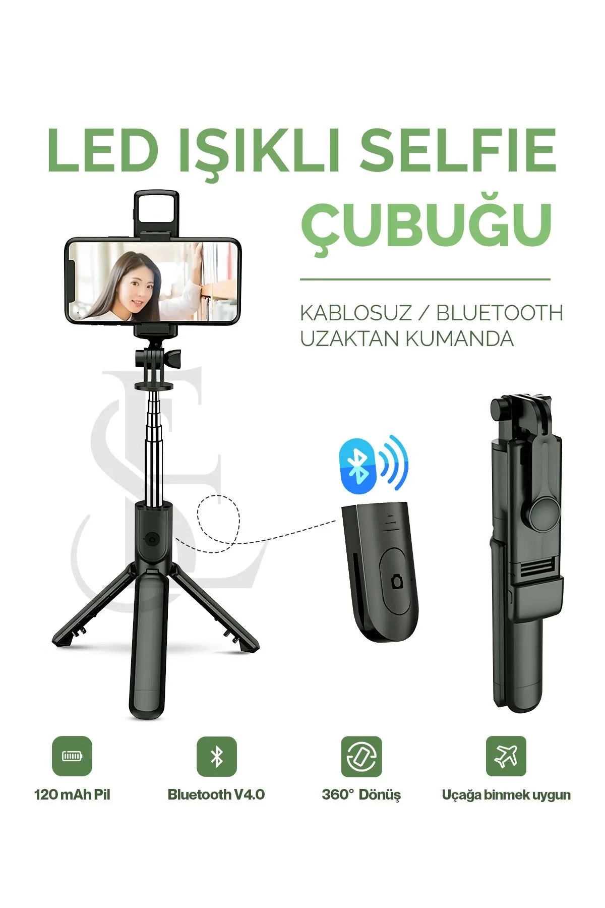Led Işıklı Selfie Çubuğu Bluetooth Kumandalı Kablosuz Tripot Selfie Monopod Selfie Stick Siyah