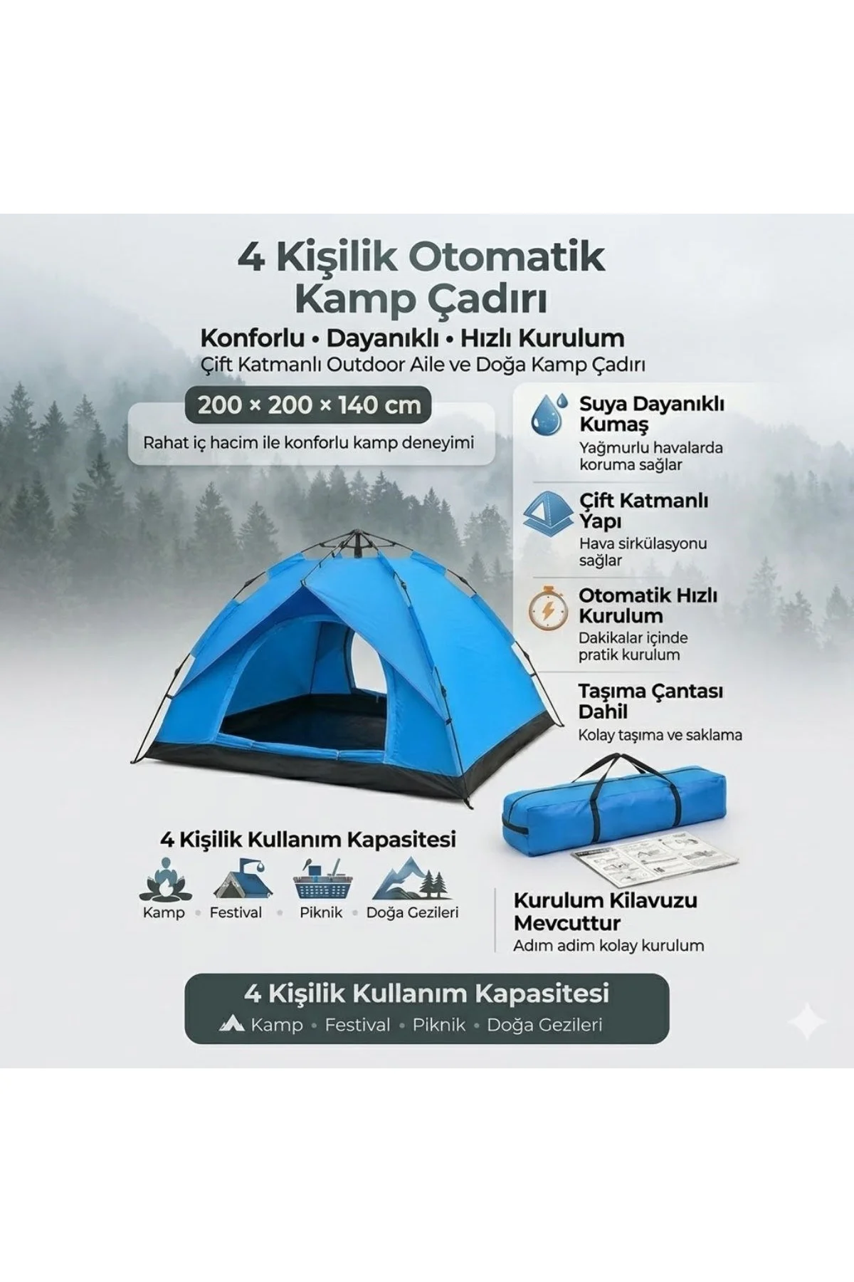 4 Kişilik Otomatik Kamp Çadırı – Çift Katmanlı, Suya Dayanıklı, Hızlı Kurulum Outdoor Aile ve Doğa Ç - Just Cheap Store Görsel 4