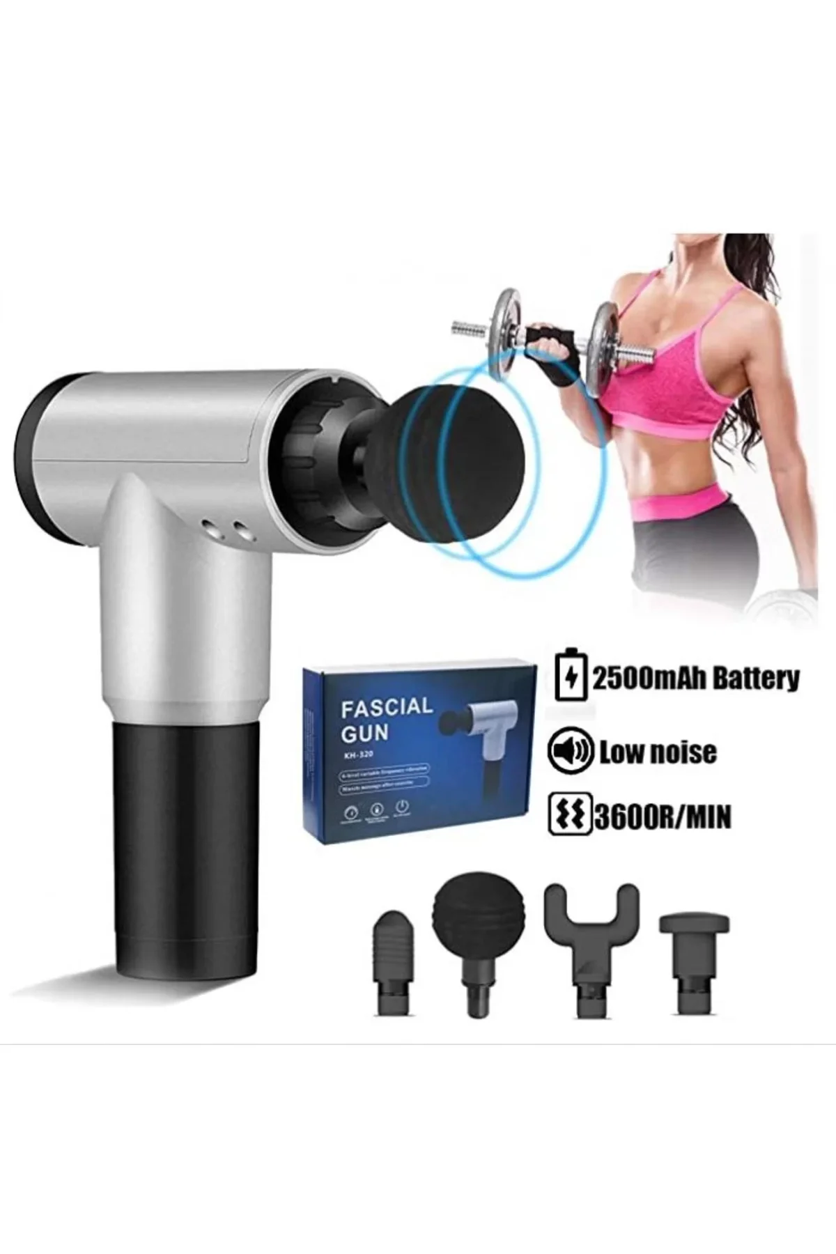Fascial Gun RH-320 6 Kademe Hız Ayarlı, 4 Parça Başlıklı, Usb Şarjlı, Masaj Tabanca Aleti (4741)