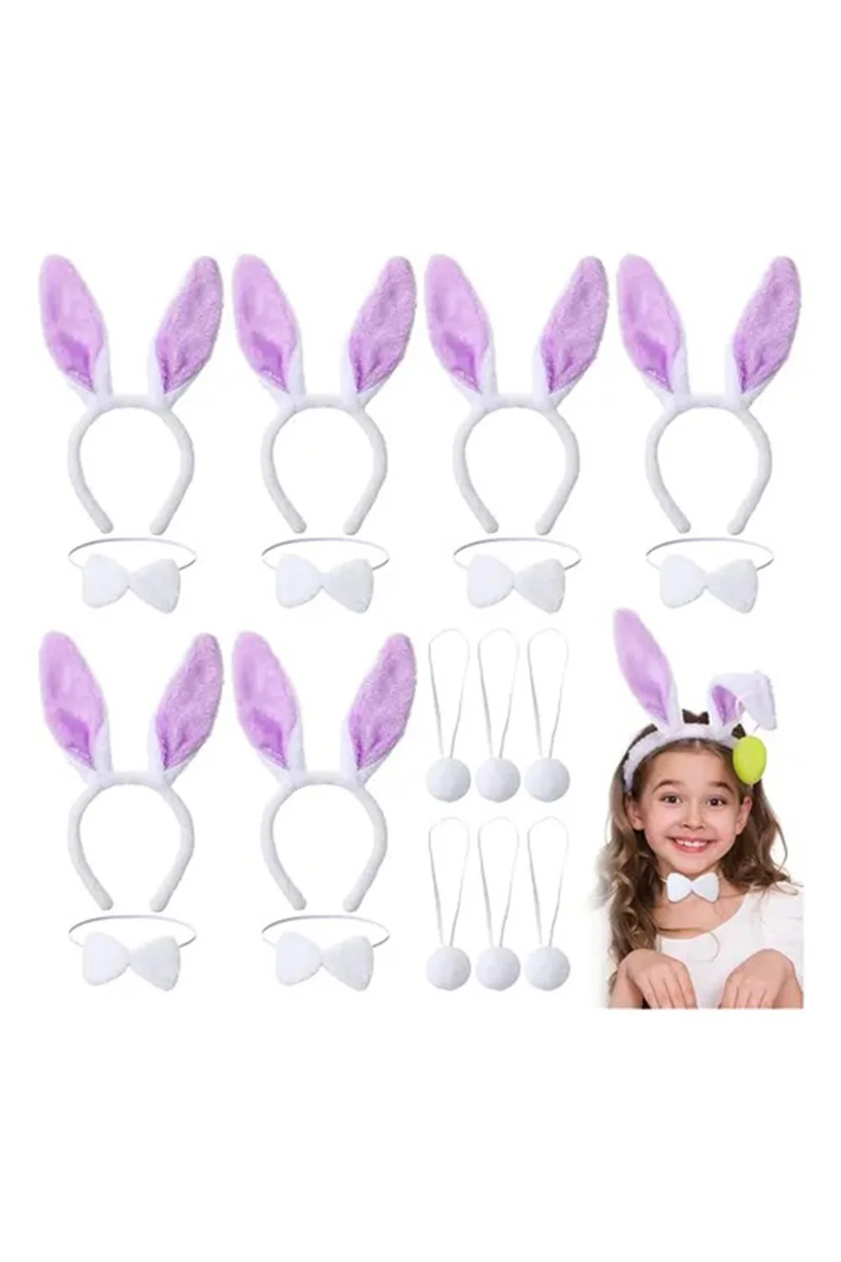 Lila Mor Tavşan Kulak Papyon Kuyruk 3&amp;apos;lü Parti Seti (4741) - Just Cheap Store Görsel 2