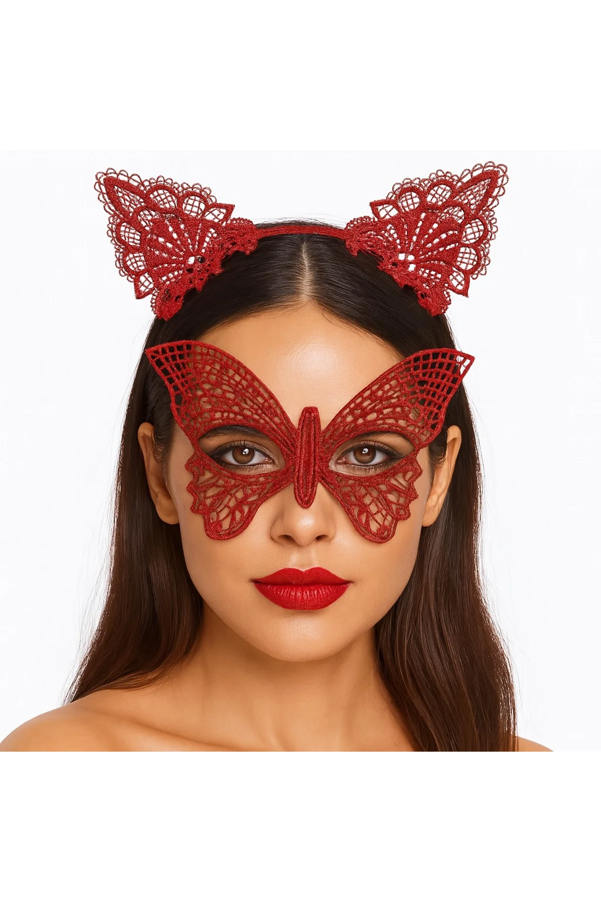 Gösterişli Kırmızı Dantel Maske ve Taç Seti 7 No – Masquerade ve Davetler için (4741)