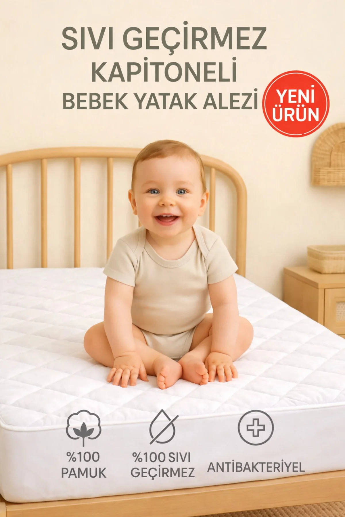 %100 Pamuk Sıvı Geçirmez Kapitone Bebek Alezi - Park Beşik, Kreş ve Anaokulu Yatak Koruyucu