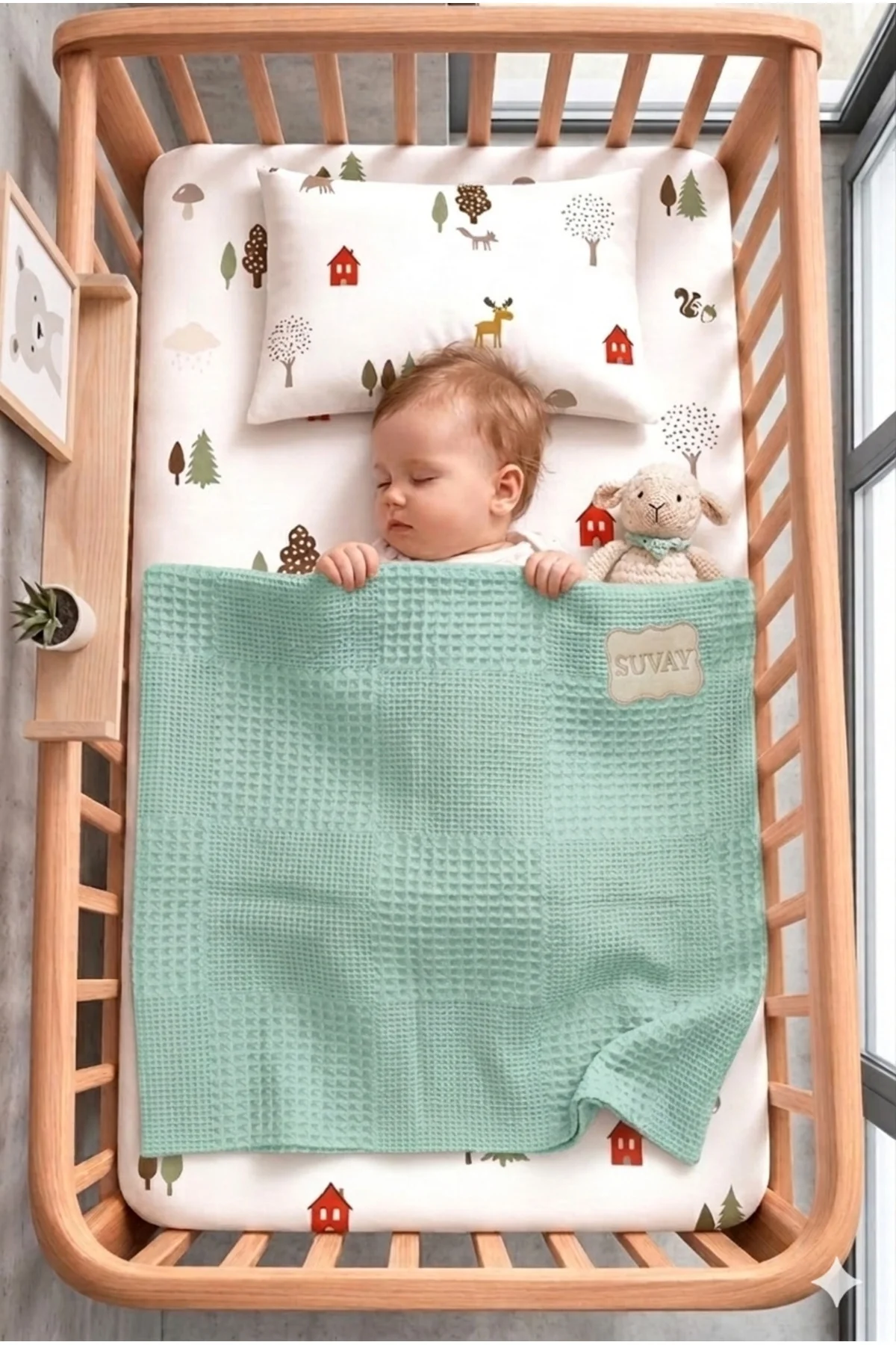 Bebek Pike %100 Pamuk Mint Yeşili Waffle Pike Battaniye 90x100 cm - SUVAY Görsel 2