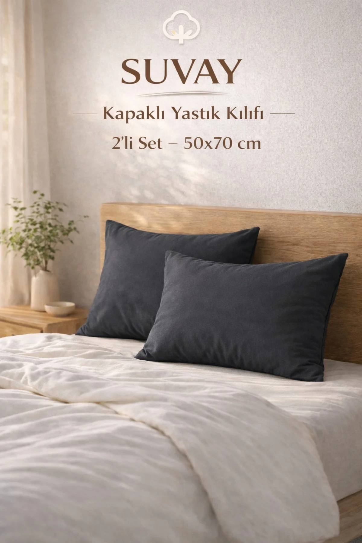 2'li Yastık Kılıfı Antrasit Pamuklu Kapaklı 50x70 Cm