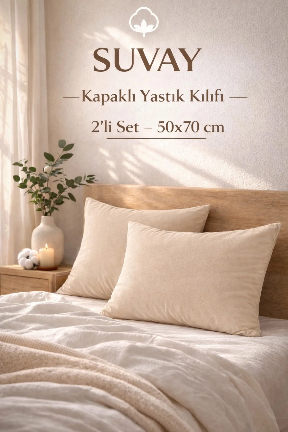 2'li Yastık Kılıfı Bej Pamuklu Kapaklı 50x70 Cm