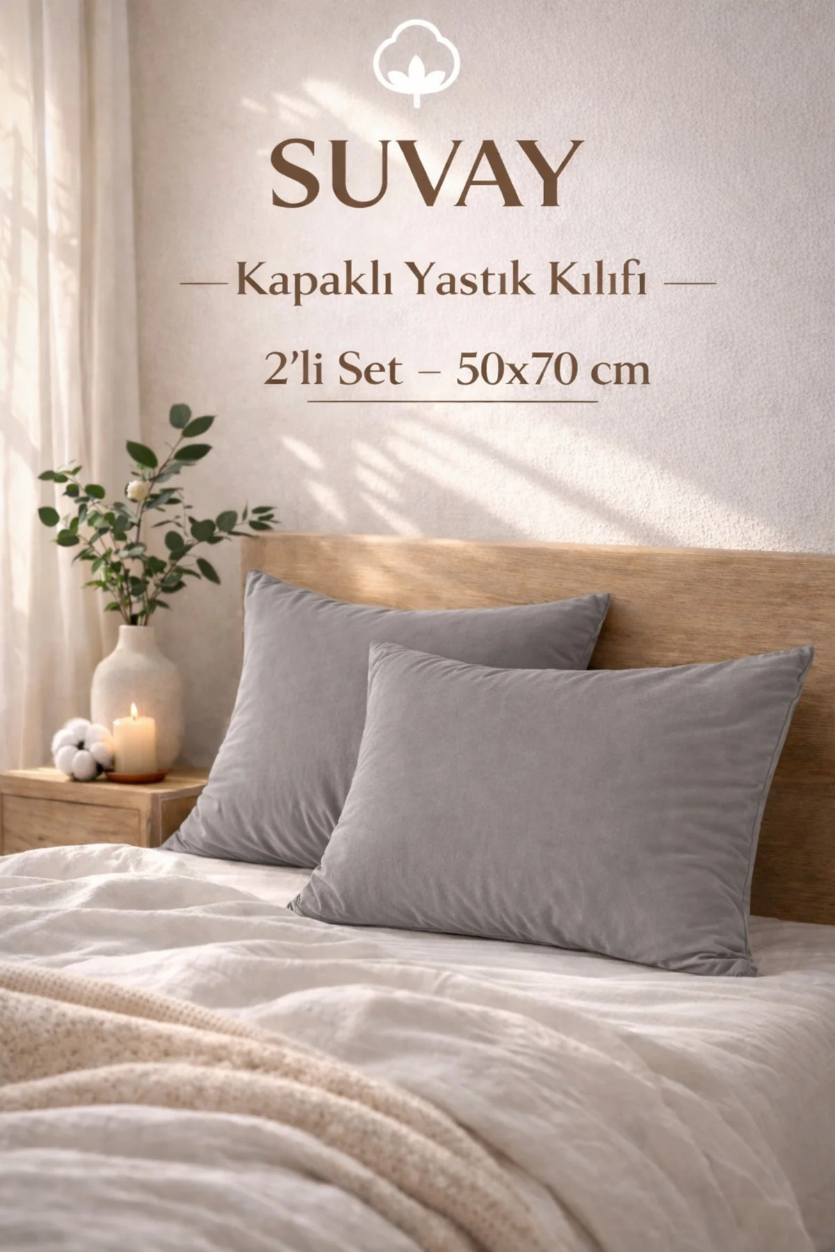 2'li Yastık Kılıfı Gri Pamuklu Kapaklı 50x70 Cm