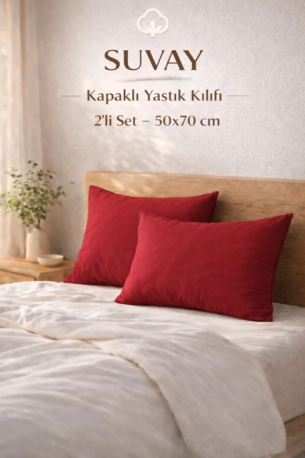 2'li Yastık Kılıfı Kırmızı Pamuklu Kapaklı 50x70 Cm
