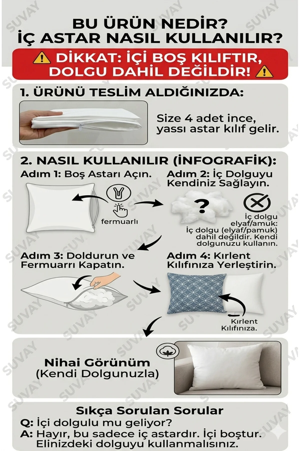 Pamuklu Fermuarlı Kırlent İç Astar Kılıfı 4 Adet - Kırlent İçi Yastık Kılıf Astar Milt - SUVAY Görsel 2