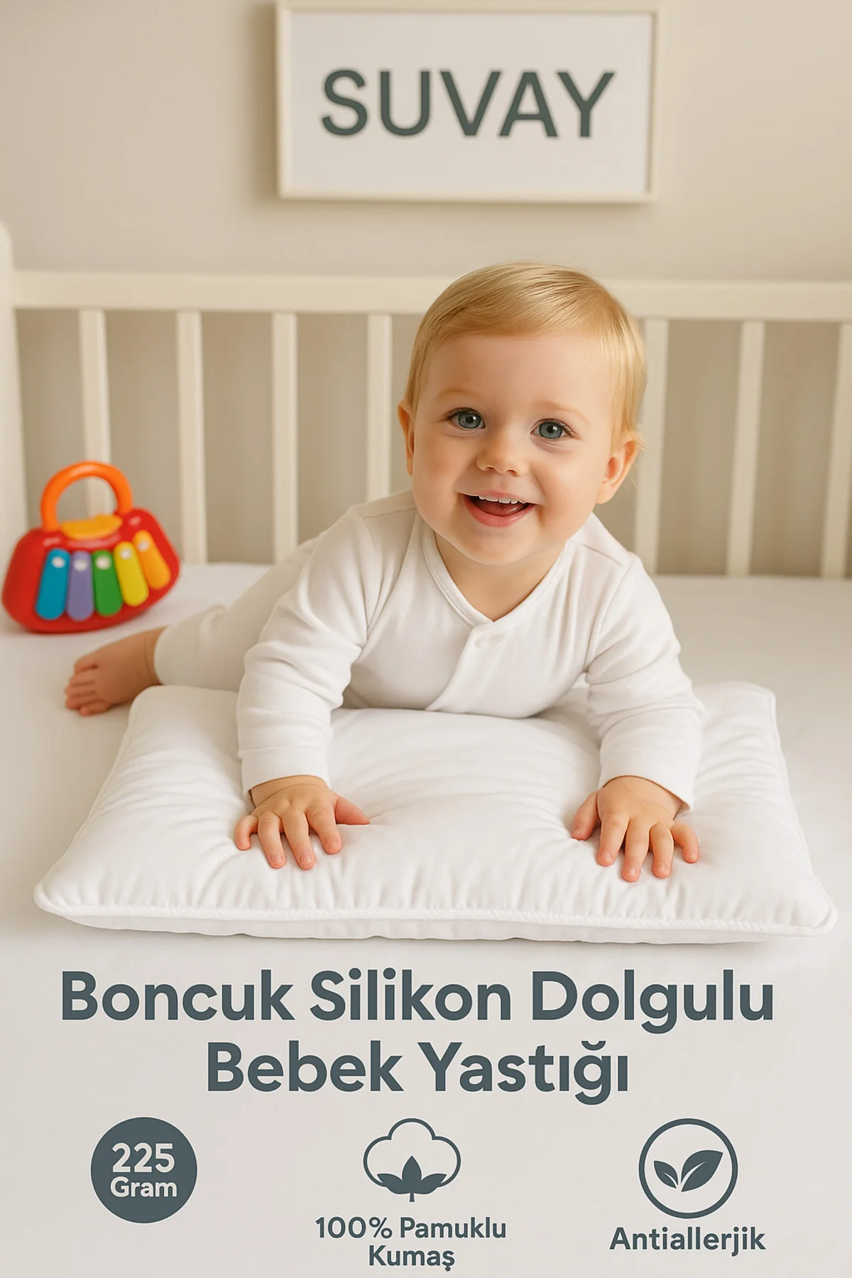 Antialerjik Bebek Yastığı Boncuk Silikon Yastık 35x45 Cm 250 gram %100 Pamuk Kılıf