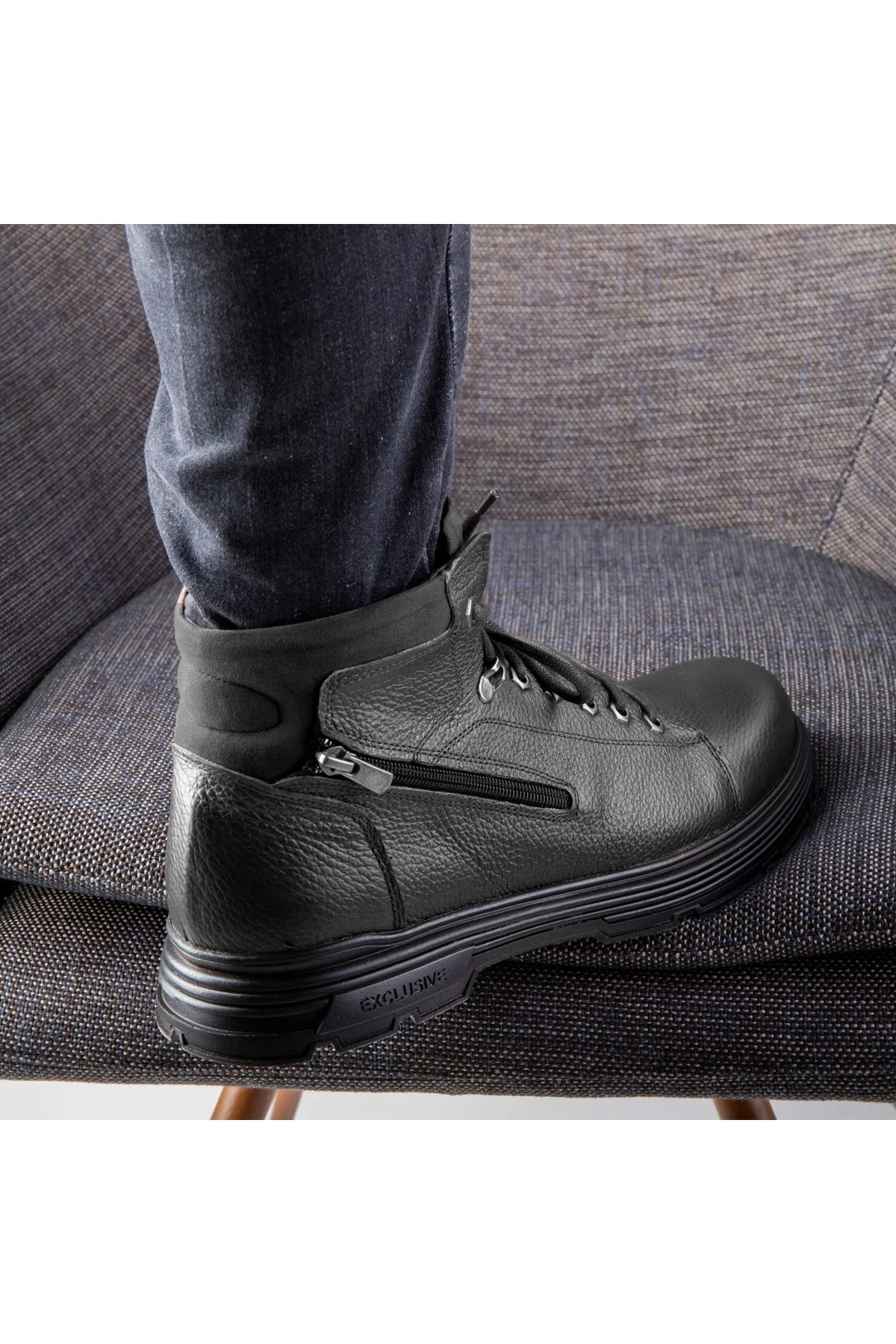 Ankle Hakiki Deri Bağcıklı Kauçuk Taban Erkek Bot, Fermuarlı Bot - Ducavelli Görsel 6