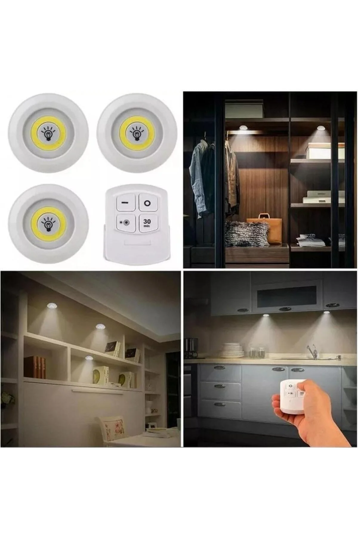 Uzaktan Kumandalı Yapışkanlı Kablosuz Pilli Led 3'lü Spot Lamba
