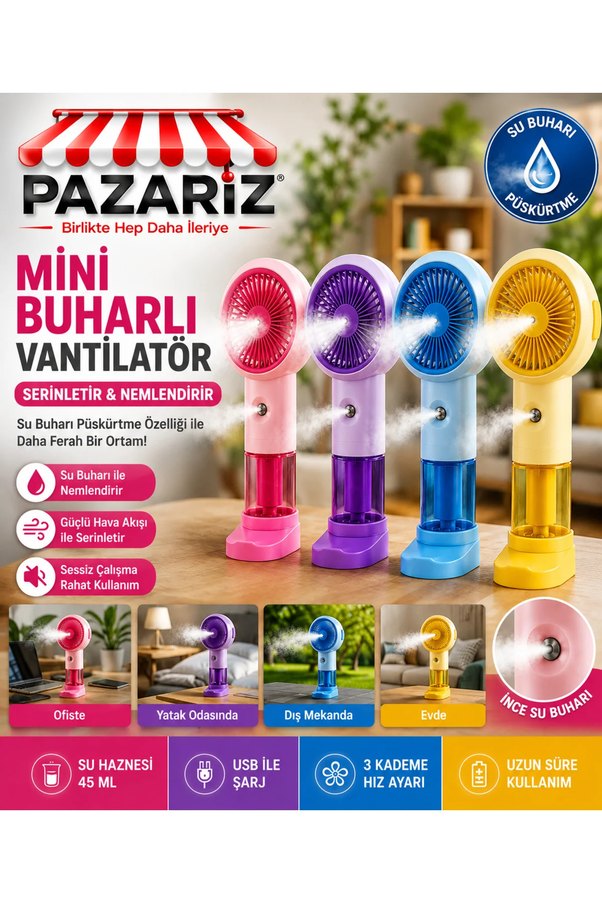 Su Buharı Püskürtmeli Vantilatör Şarjlı El Fanı Nemlendirici Özellikli Taşınabilir Spreyli Şarjlı, S - pazariz Görsel 3
