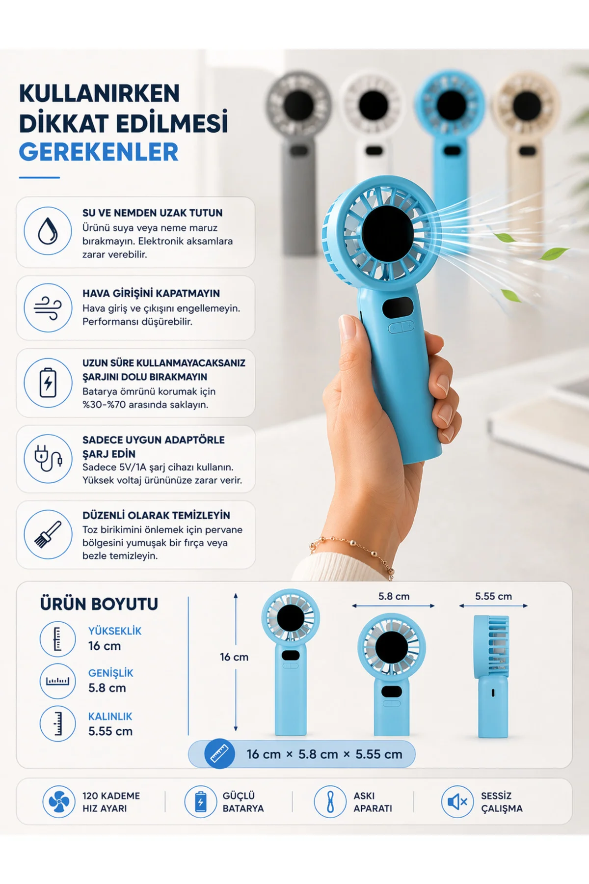 Türbin El Fanı Vantilatör Taşınabilir Turbo El Fanı Dijital Göstergeli Stand Özellikli Kancalı Type - pazariz Görsel 4