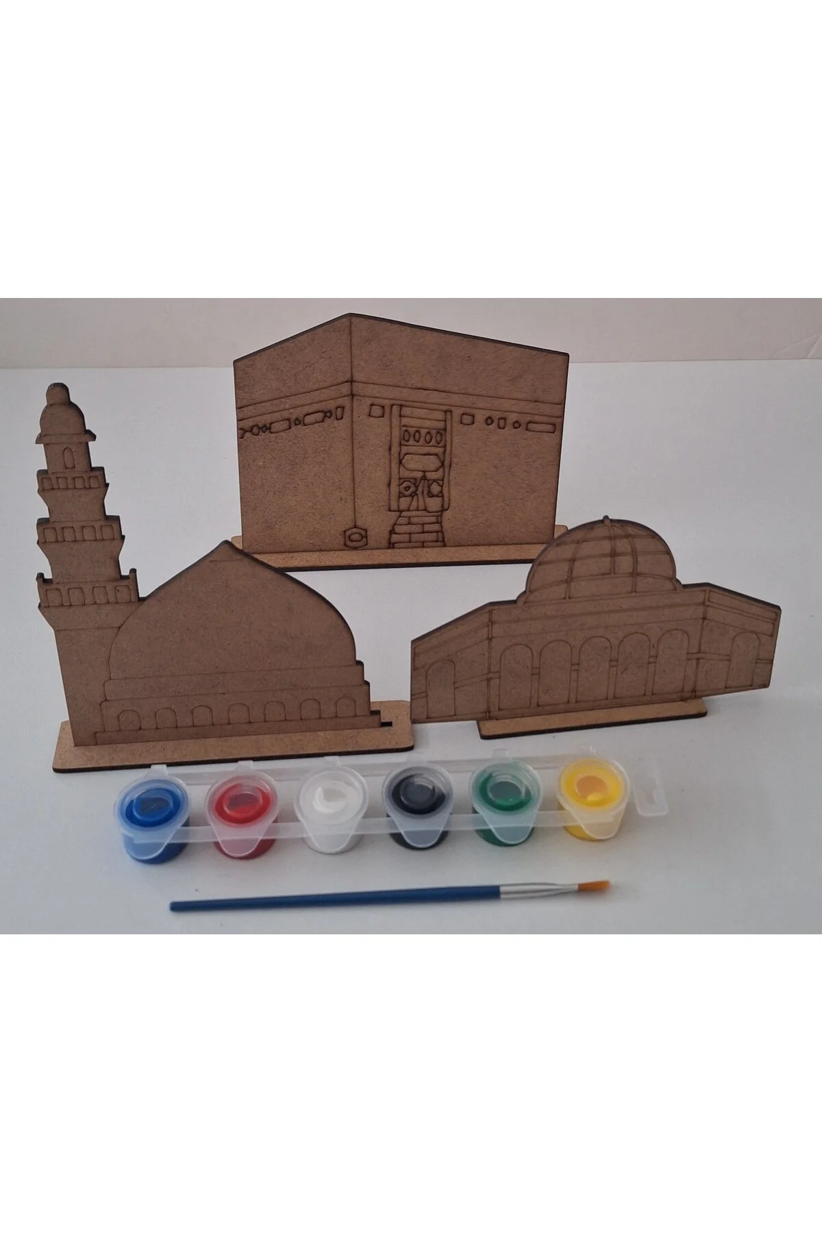 3 Mescid Cami Maket Ahşap Boyama Dini Aktivite Okul Kurs Etkinlik 1 Adet Boya 1 Adet Fırça Hobi Seti