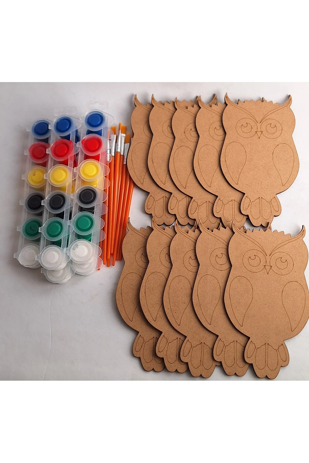 10 Baykuş Ahşap Boyama 5 Akrilik Boya 10 Fırça Aktivite Etkinlik Sanat Hobi Seti
